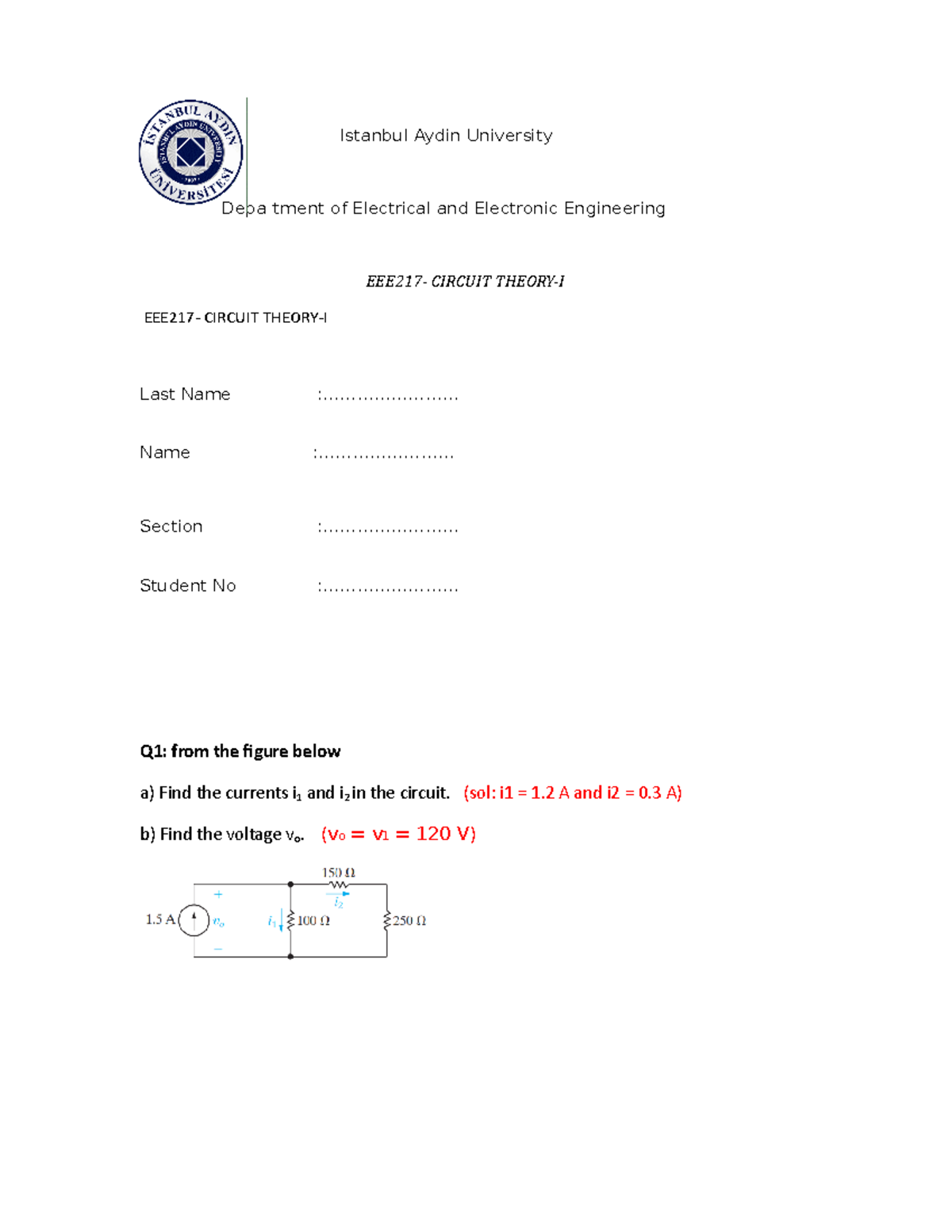 EEE217 - Circuit Theory I: Q1 Solutions and Circuit Analysis - Studocu