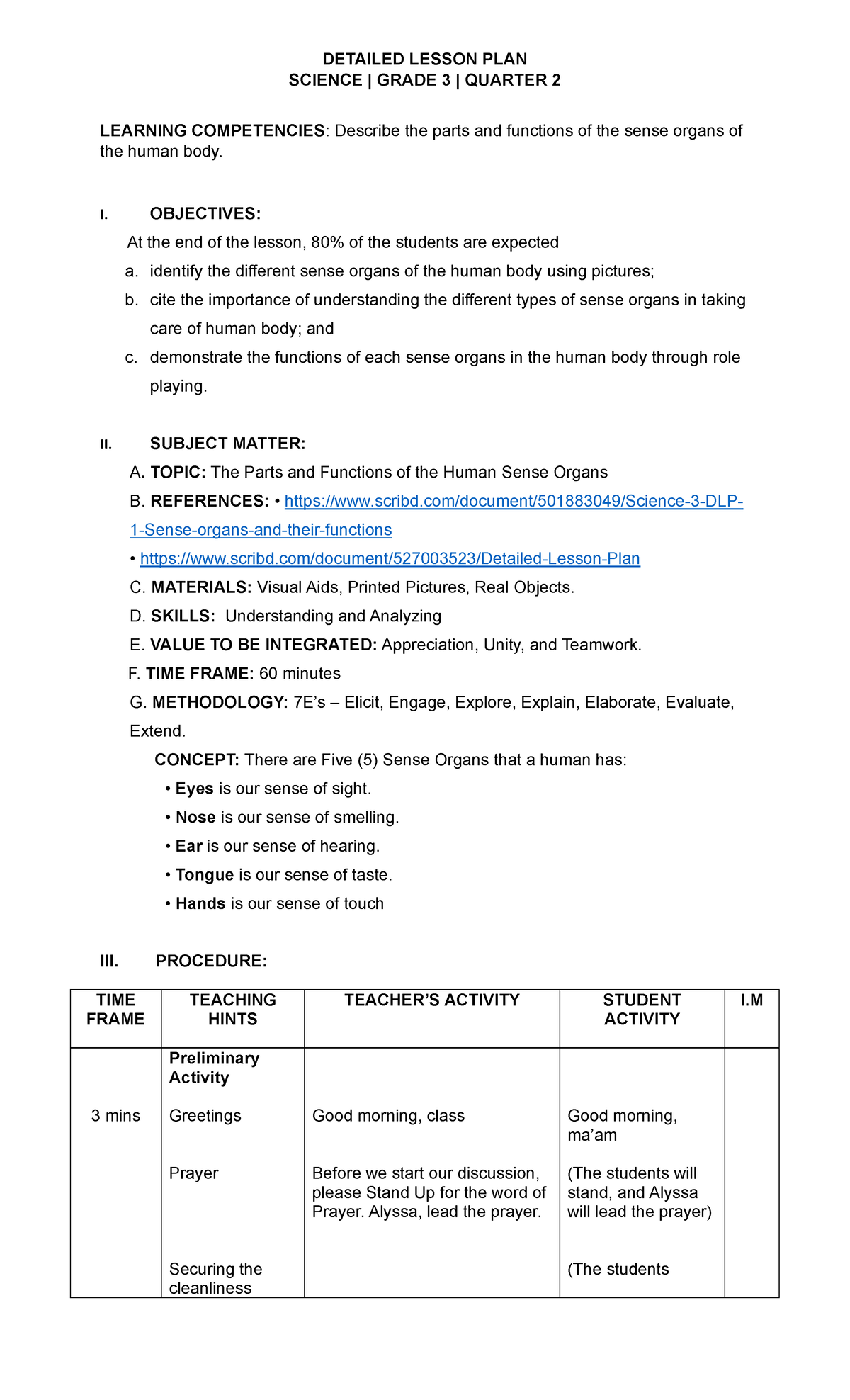 DLP: Understanding the Human Sense Organs for Grade 3 - Studocu