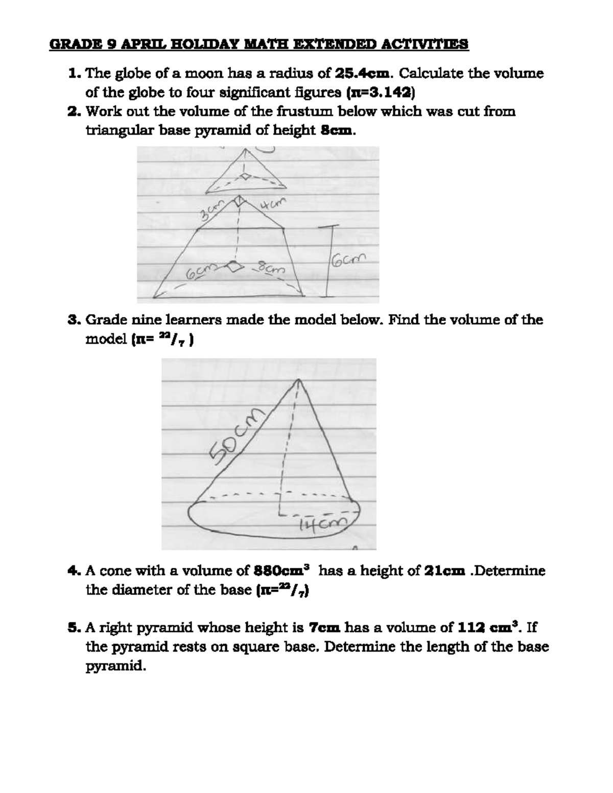 GRADE 9 MATH EXTENDED ACTIVITIES - APRIL HOLIDAY ASSIGNMENT - Studocu