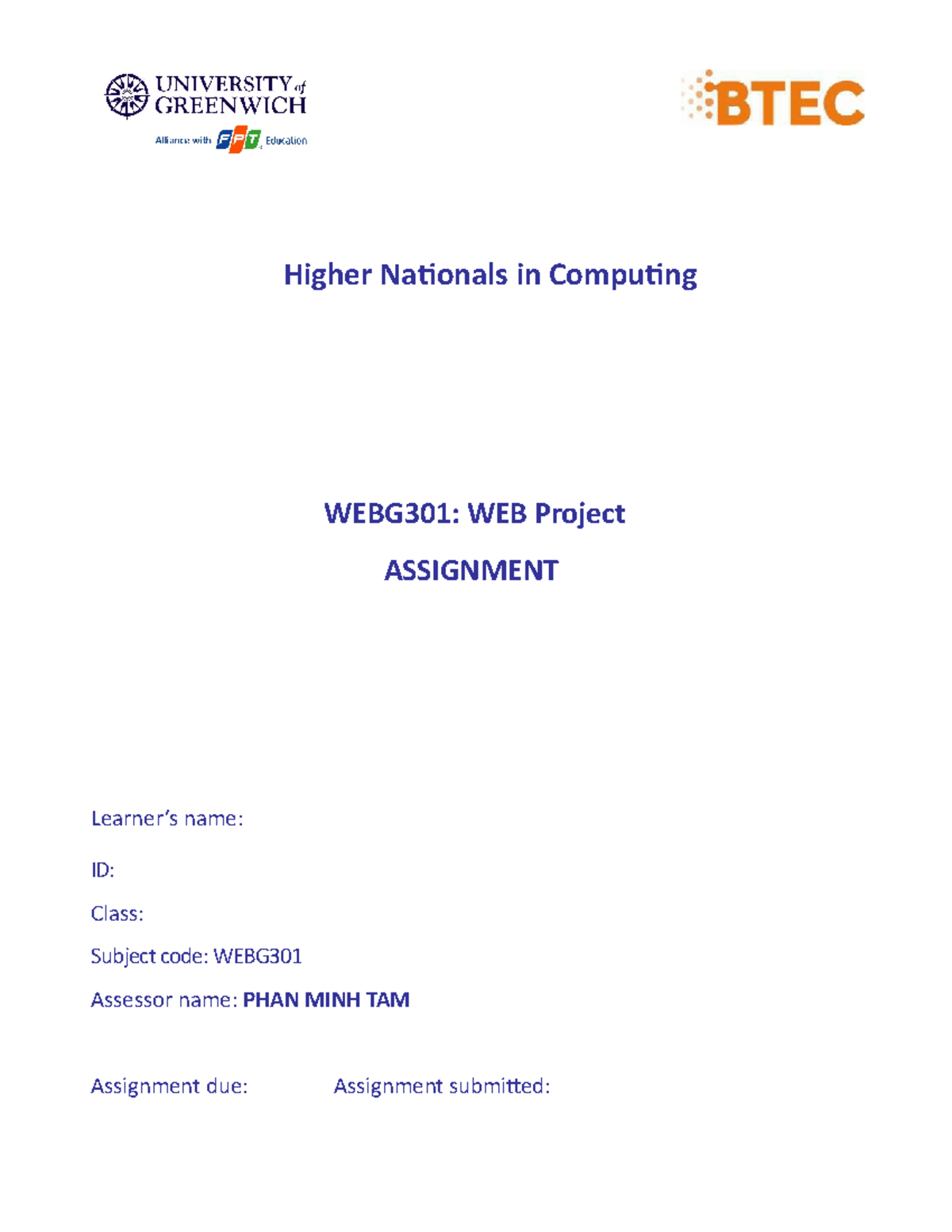 WEBG301 Student ID Project Document - Higher Nationals in Computing ...