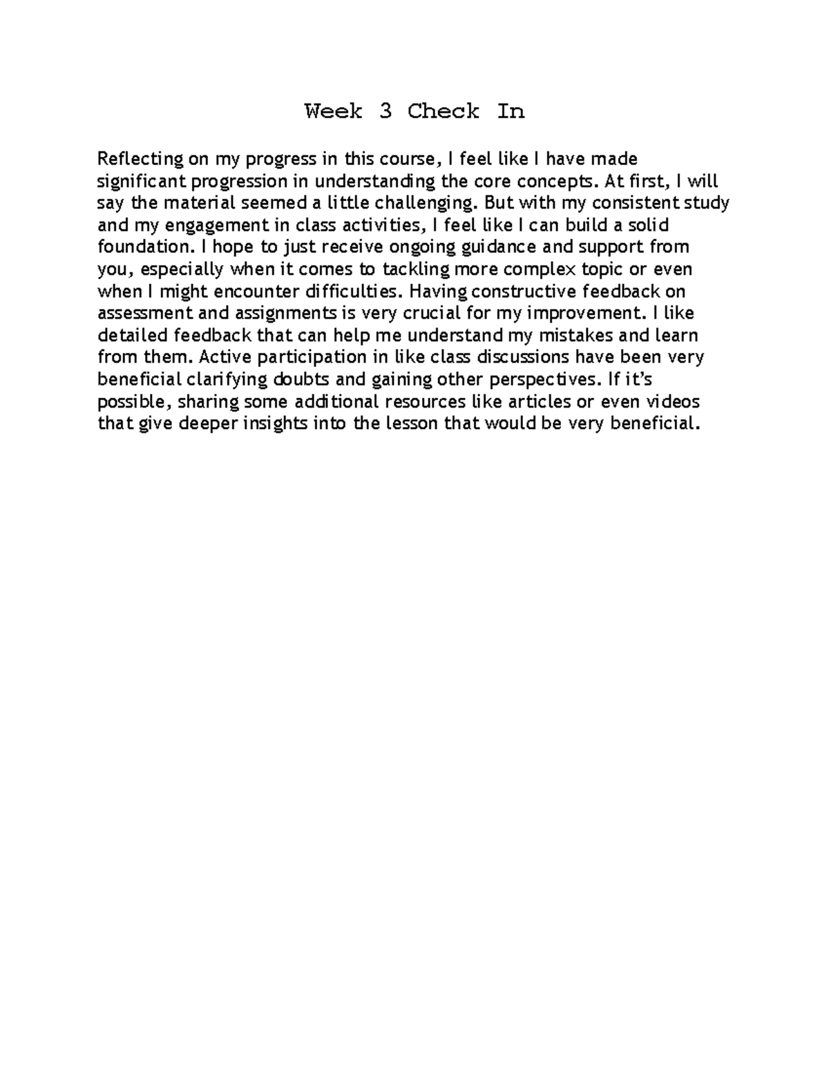 Week 3 Check-In: Progress Reflection and Feedback Request - Studocu