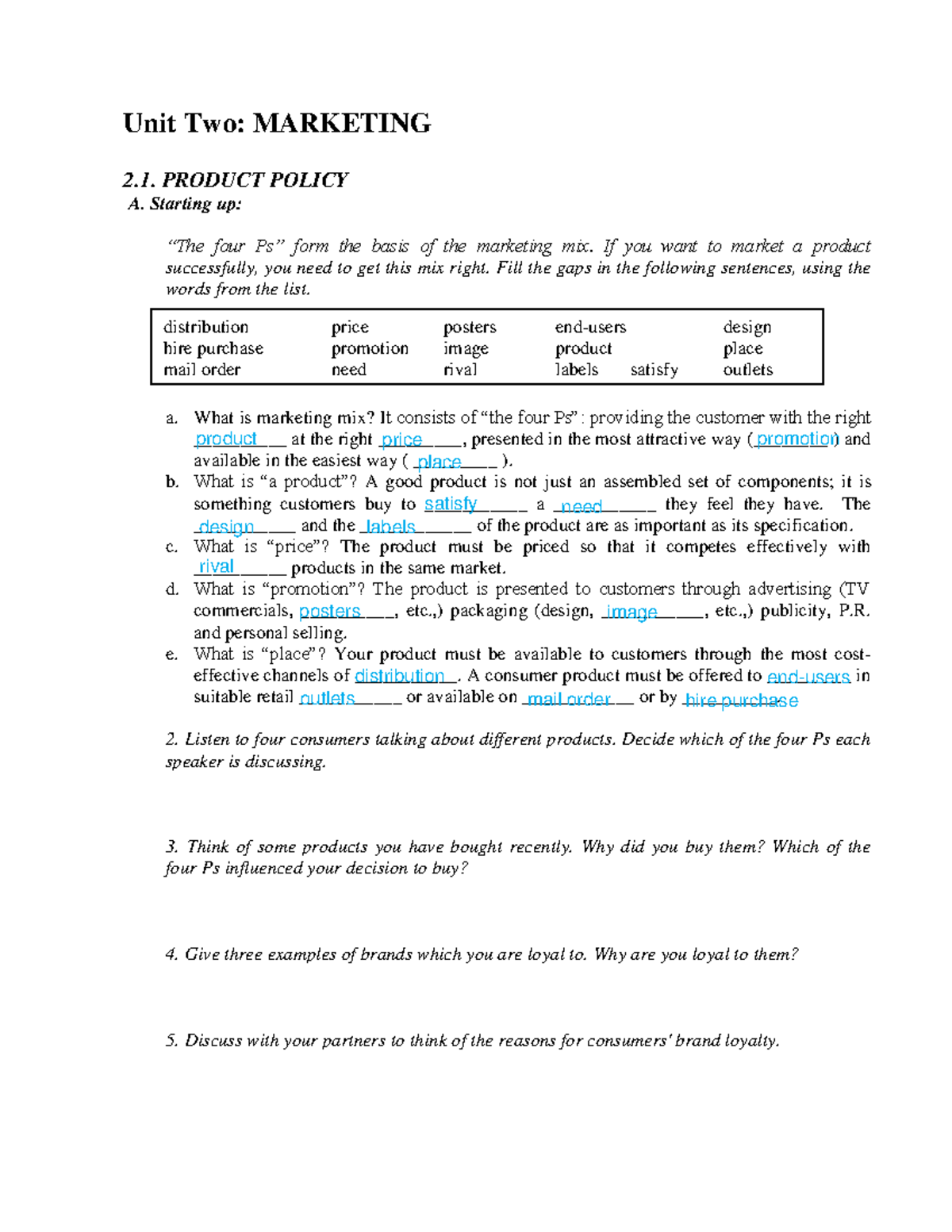 Unit 2: Marketing Concepts and Strategies - Reference Material - Studocu