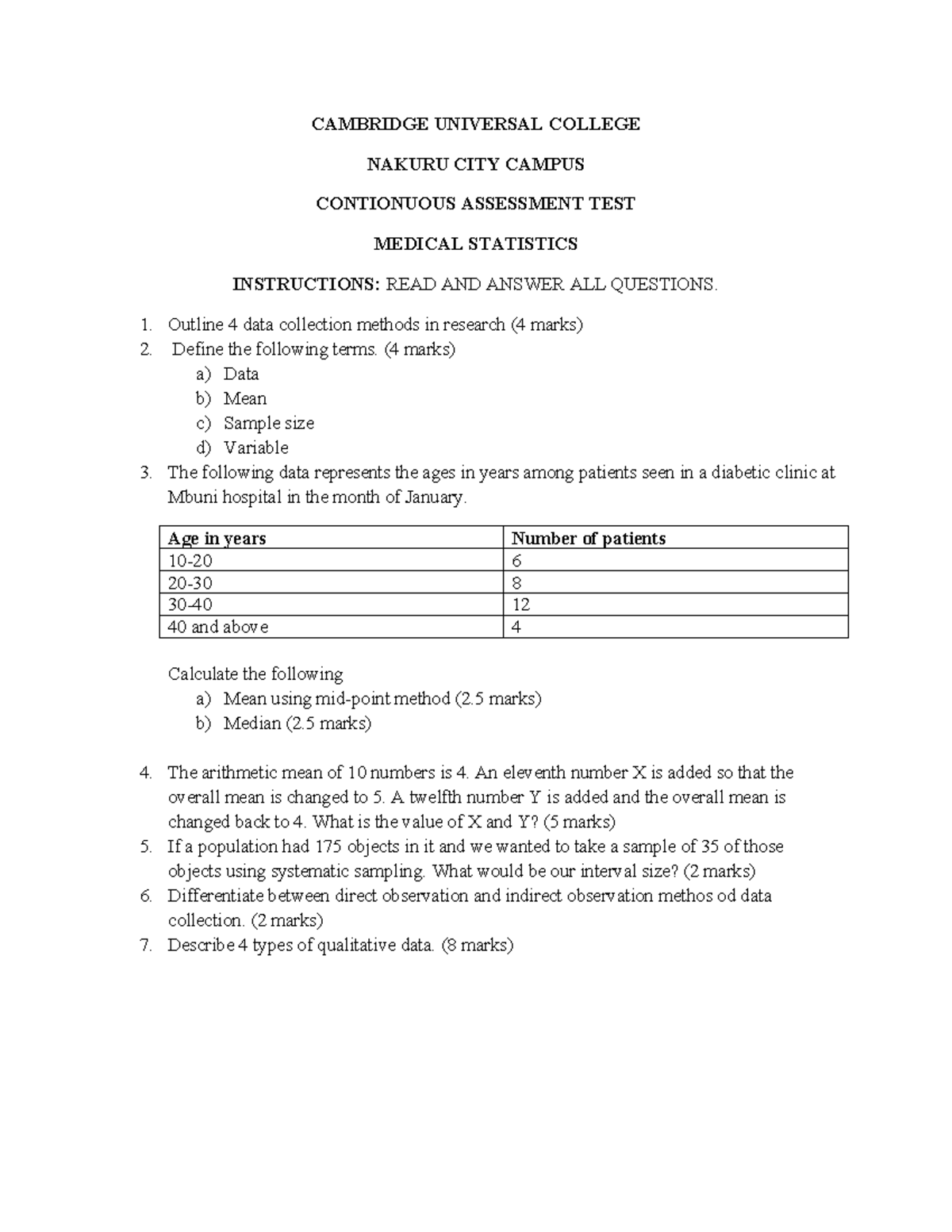 Mstat CAT1 - notes - CAMBRIDGE UNIVERSAL COLLEGE NAKURU CITY CAMPUS ...