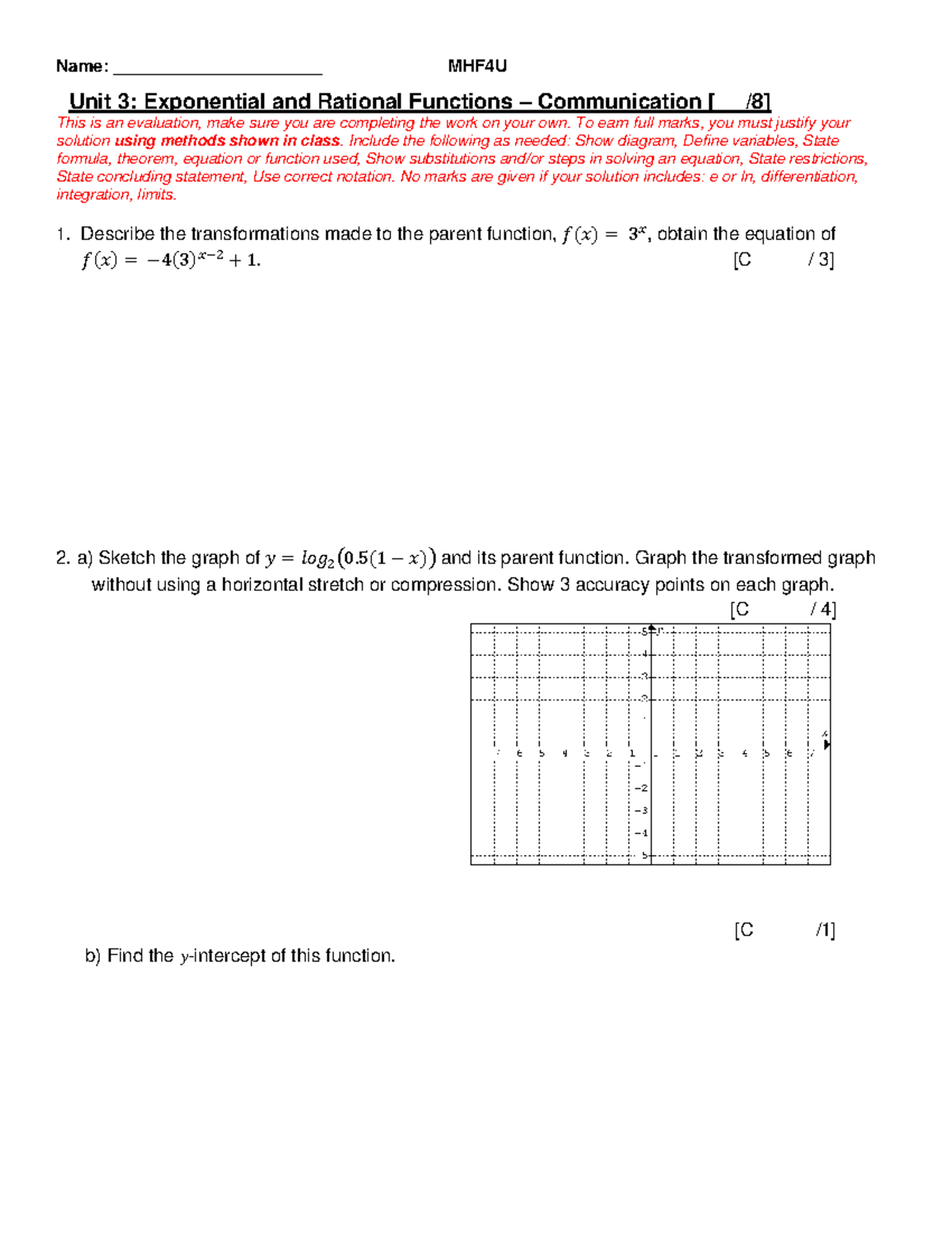 MHF4U Unit 3: Exponential & Rational Functions Test Guide - Studocu