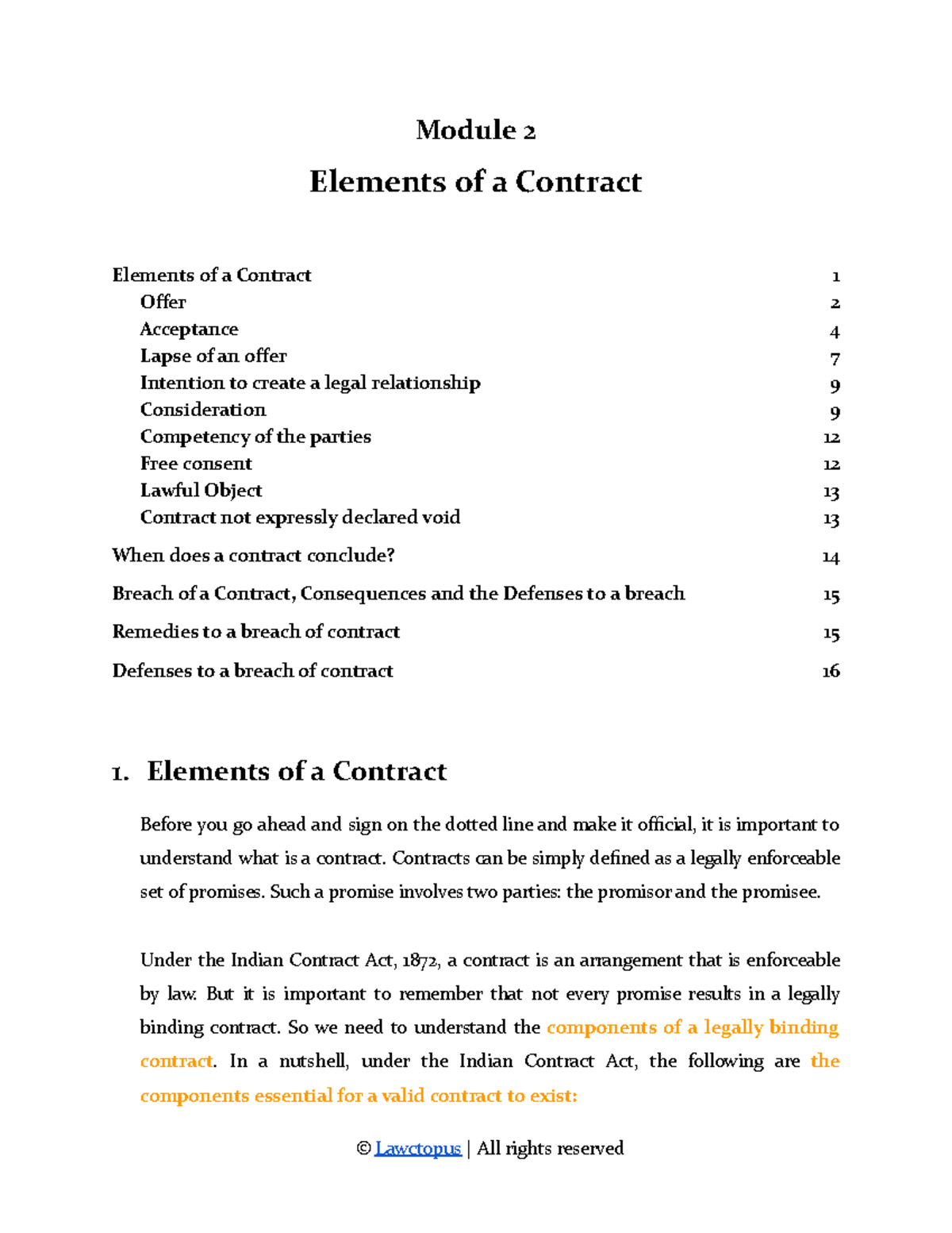 Bonus 1 Reading Module: Elements of a Contract in Law - Studocu