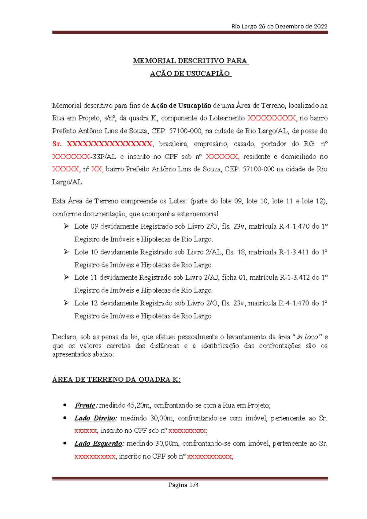 Modelo de Memorial Descritivo para Ação de Usucapião - Studocu