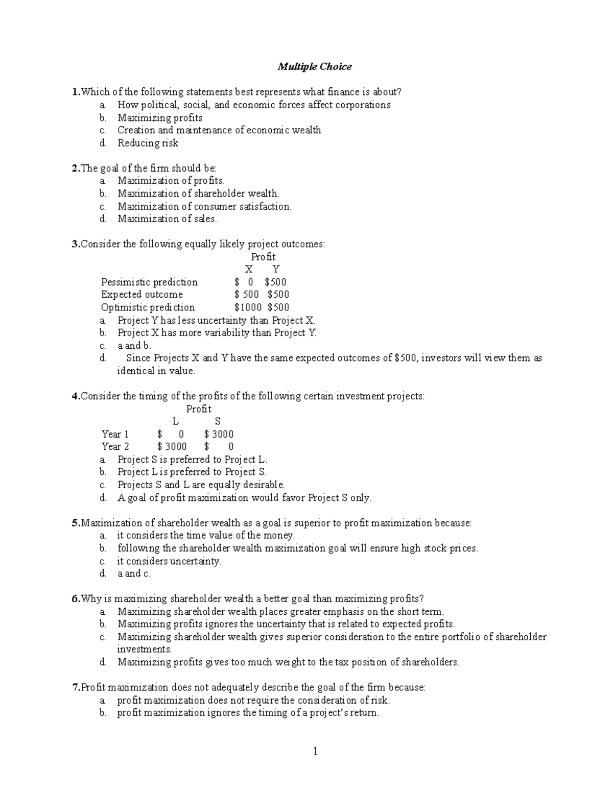 MCQ 1 - Financial Management Multiple Choice Questions (FM101) - Studocu