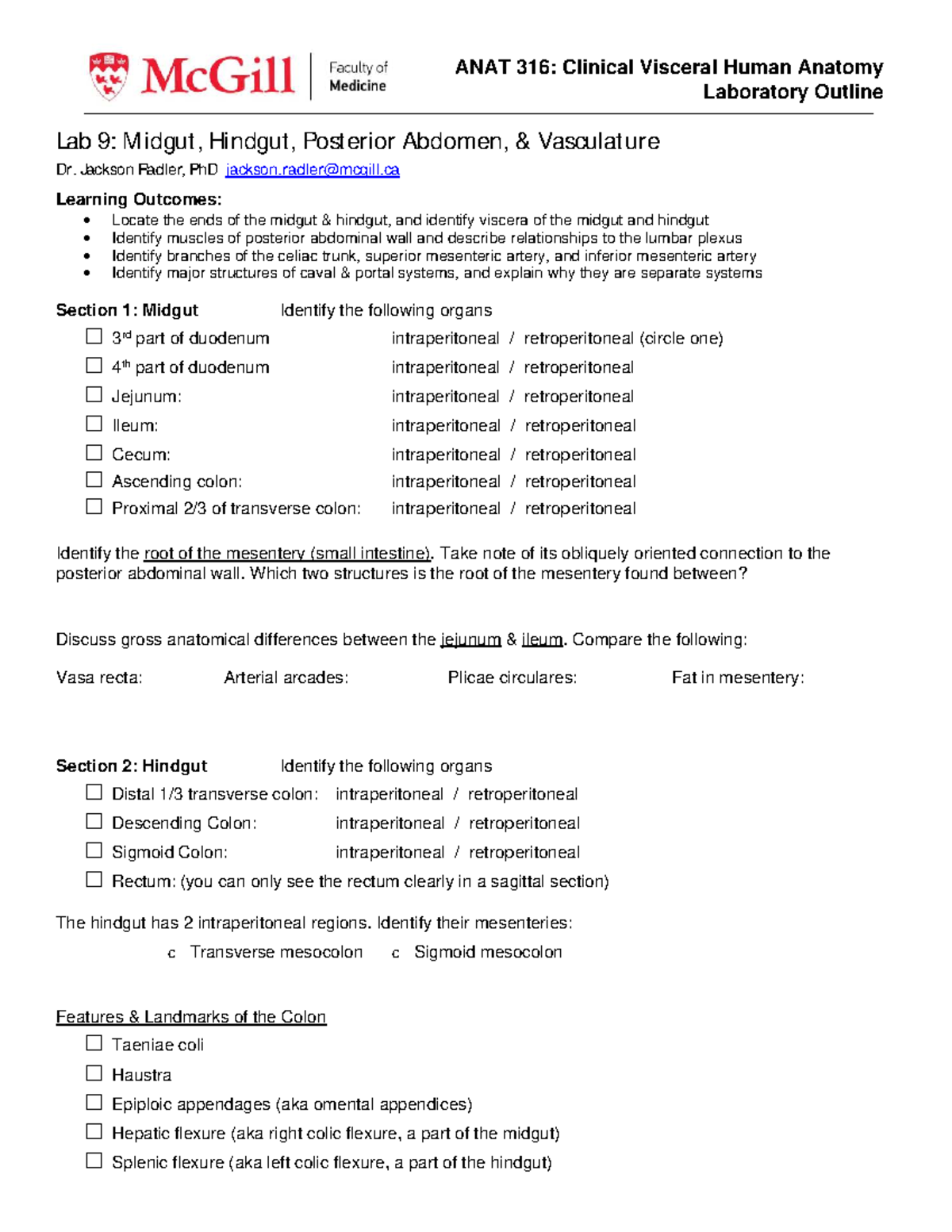 ANAT 316: Lab 09 - Midgut, Hindgut, Posterior Abdomen & Vasculature ...