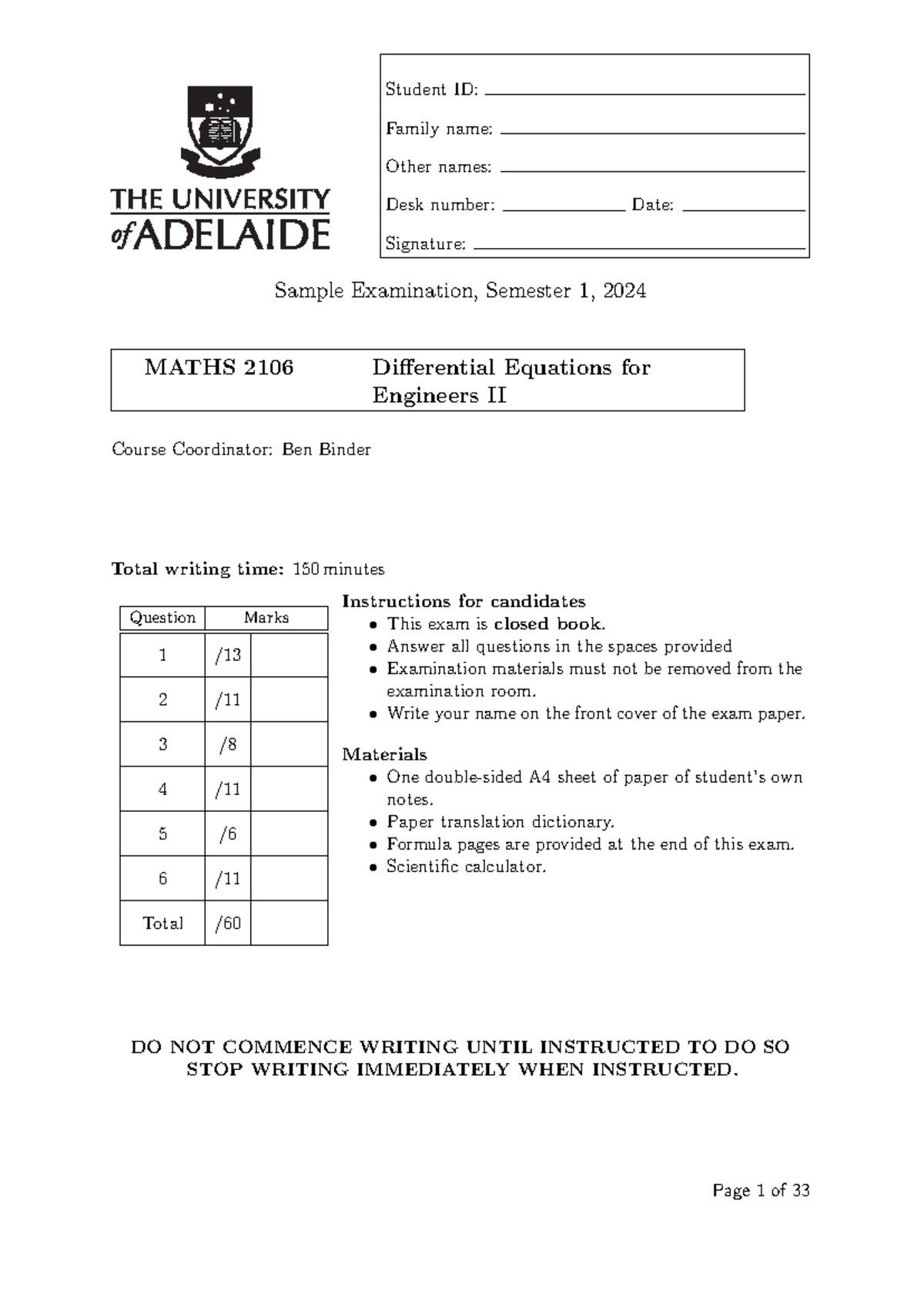MATHS 2106 Final Exam Practice: Differential Equations for Engineers II ...