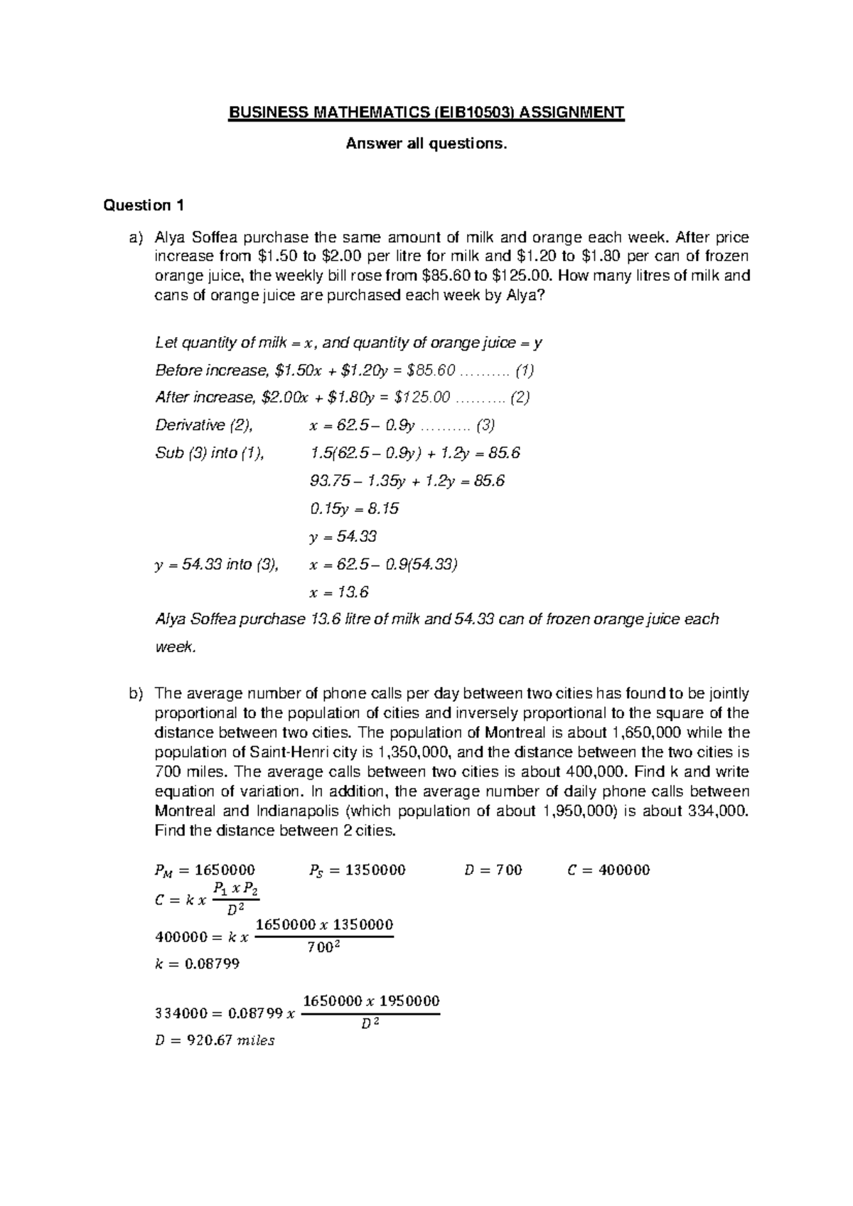 Business Mathematics (EIB10503) Assignment WITH Answer - BUSINESS ...