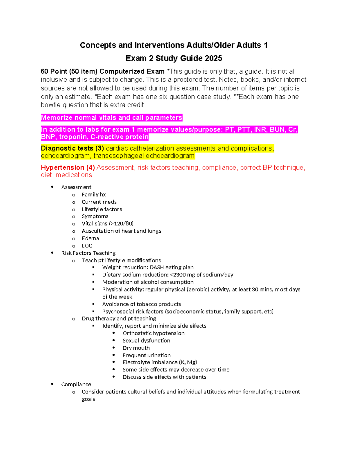 Exam 2 Study Guide: Concepts & Interventions for Adults 1 (2025) - Studocu