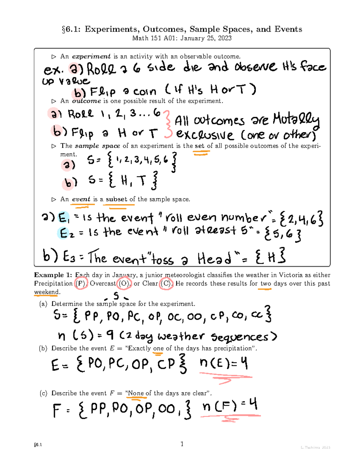 Math 151 A01: Section 6 - In-Class Notes on Experiments and Events ...