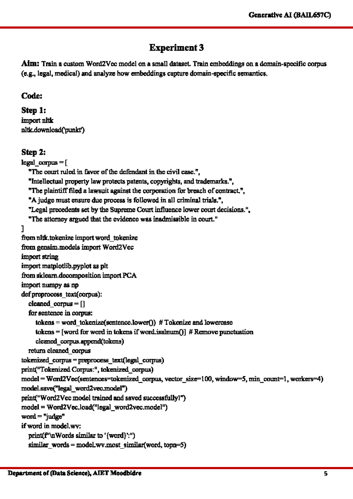 Generative AI (BAIL657C) NLP Lab Experiment 3: Word2Vec Training - Studocu