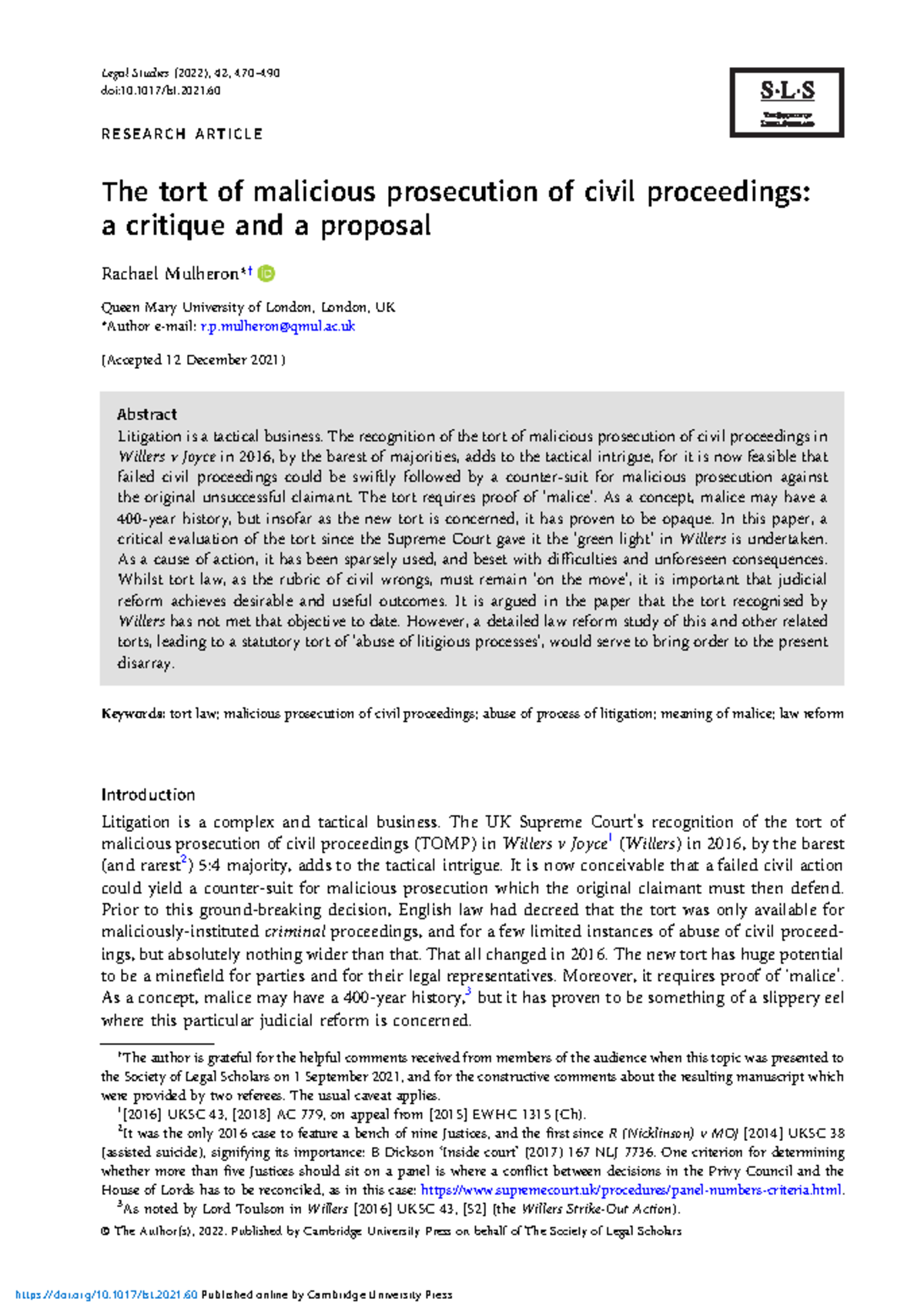 The Tort of Malicious Prosecution in Civil Proceedings: A Critical ...