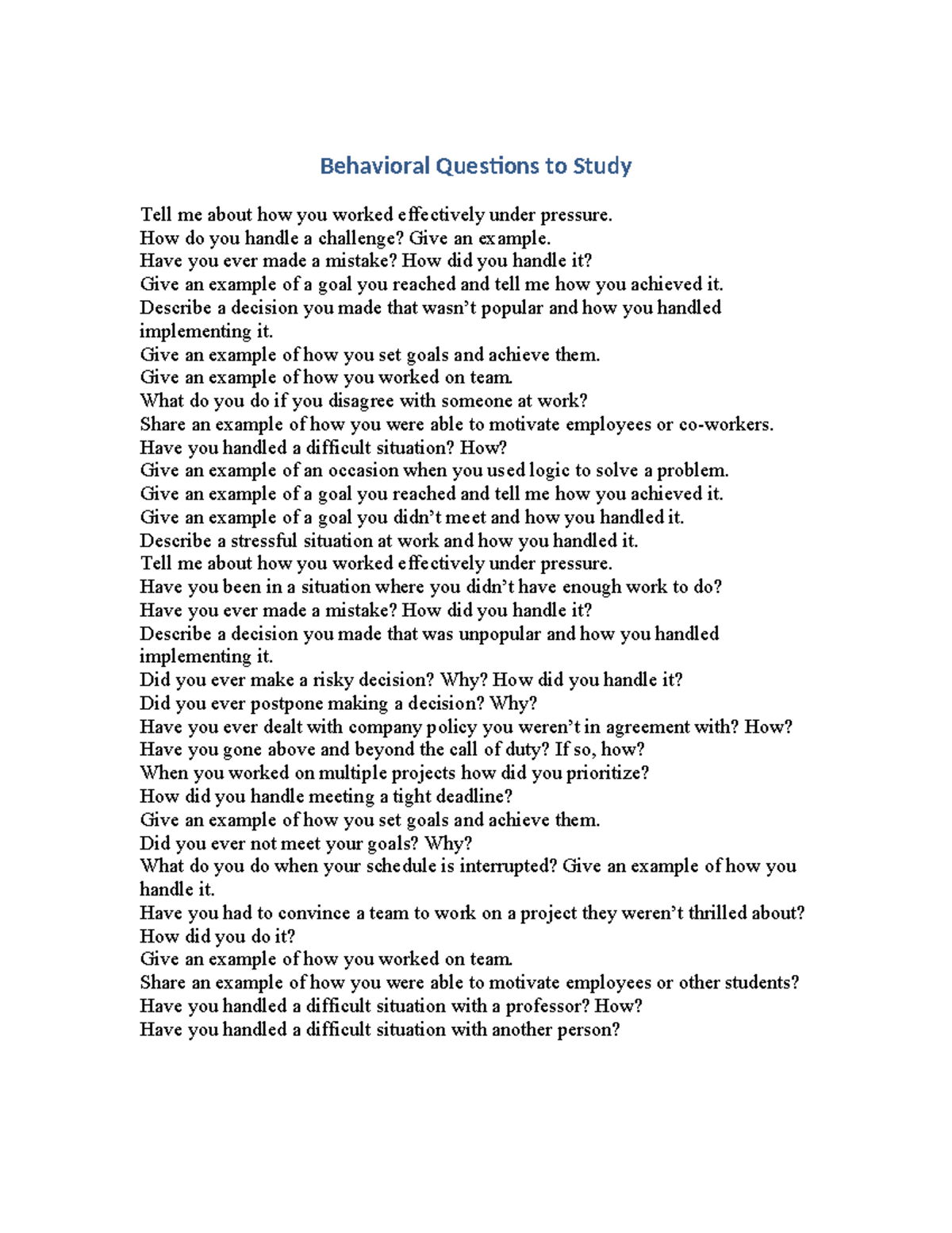 Behavioral+Questions+to+Study - Behavioral Questions to Study Tell me ...