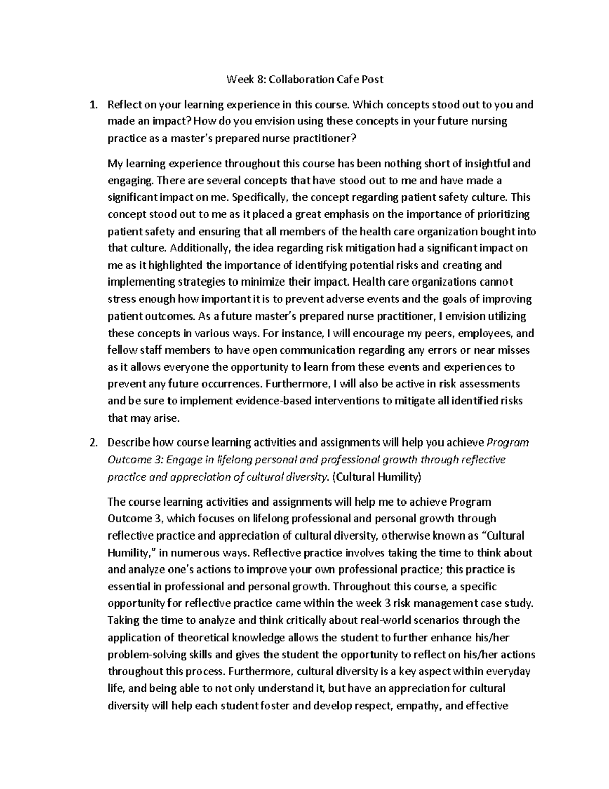 NR584 NP - Week 8 - Reflection on Learning & Future Practice - Studocu