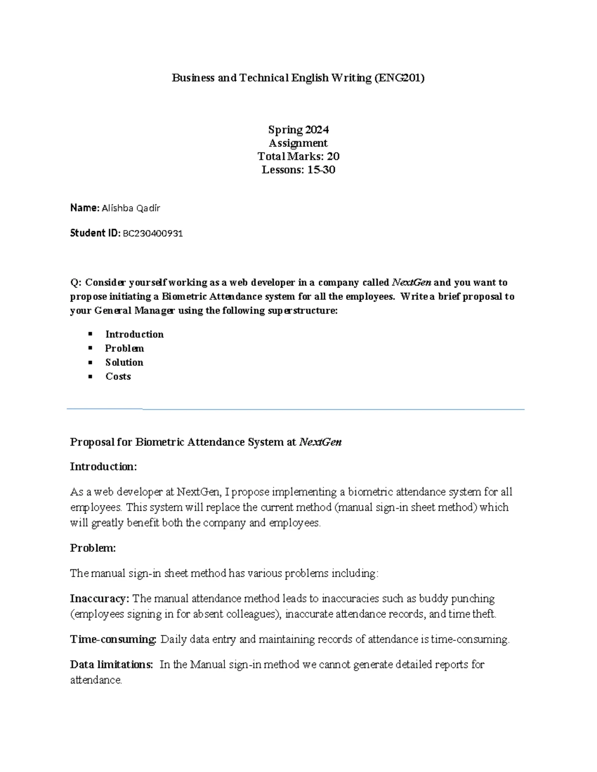 Proposal for Biometric Attendance System - ENG201 Assignment - Studocu