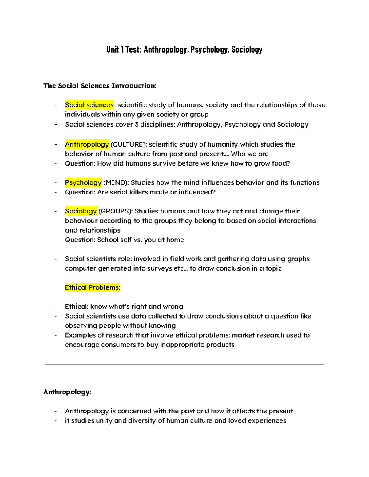 Unit 1 Test: Intro to Anthro, Psych, & Soc - The Social Sciences - Studocu