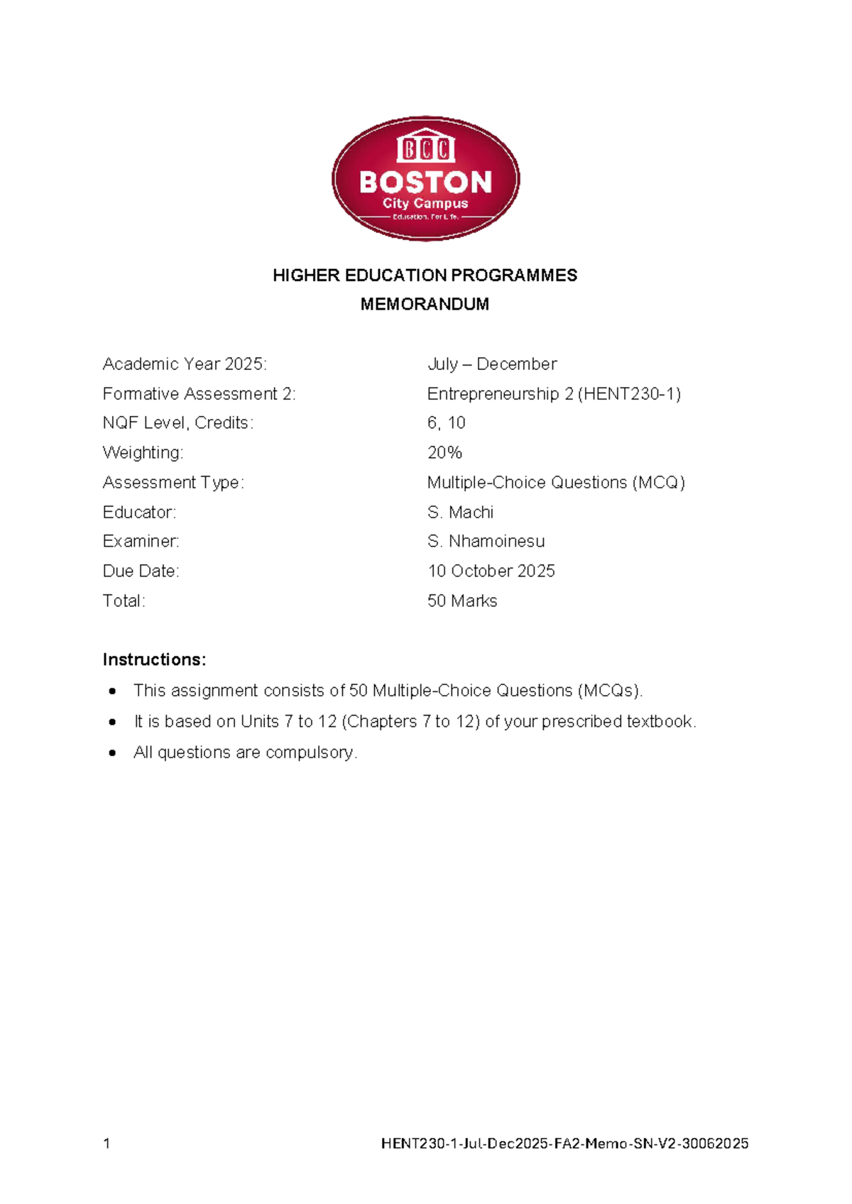 HENT230: July-Dec 2025 FA2 Memo on Entrepreneurship 2 (NQF Level 6 ...