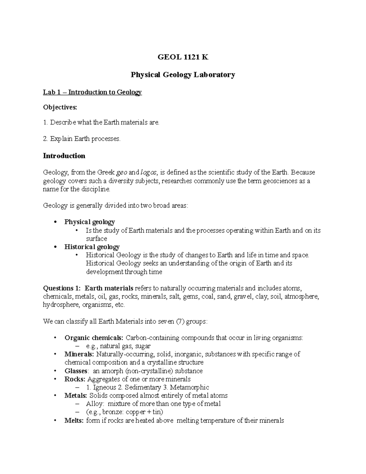 GEOL 1121 K - Lab 1: Intro to Earth Materials & Processes - Studocu