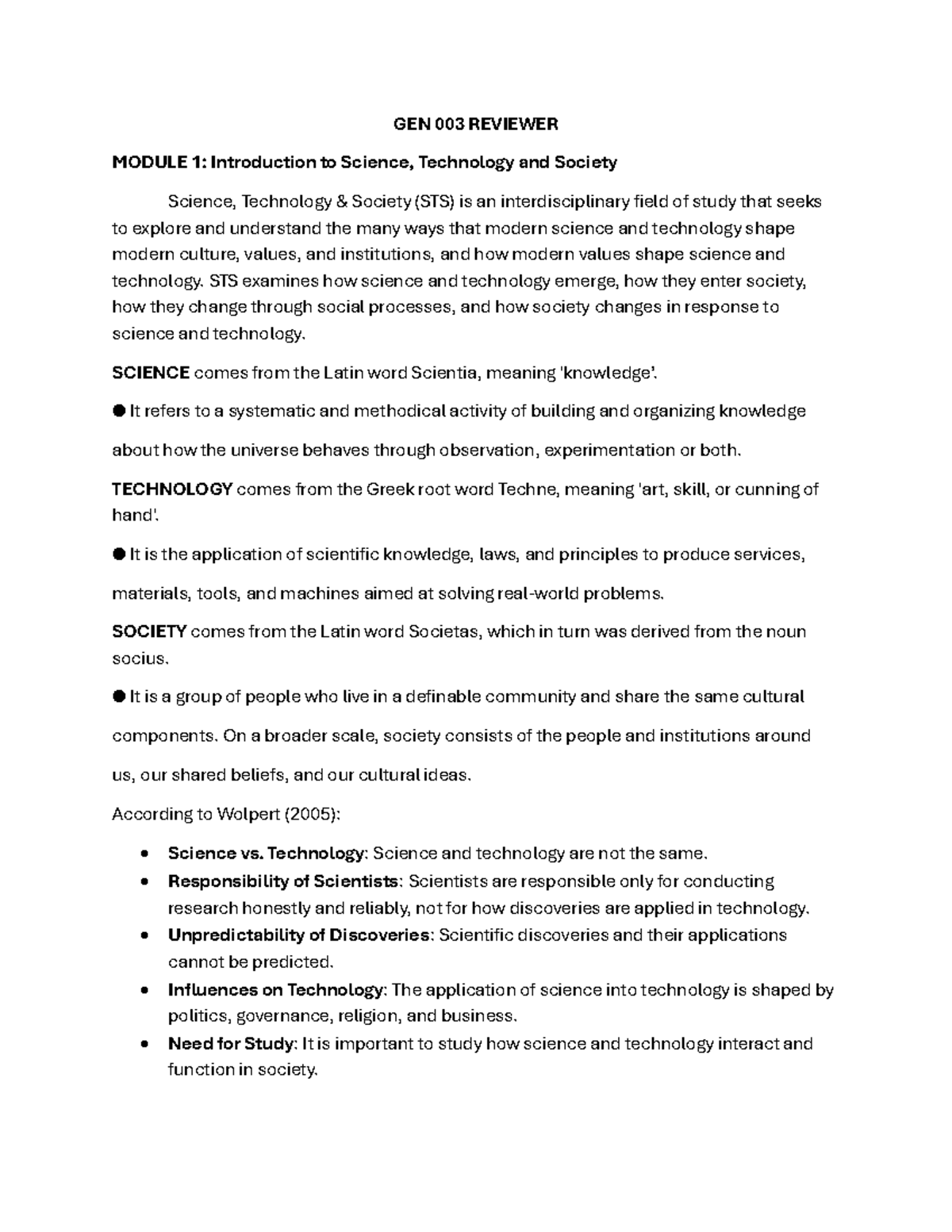 GEN 003 REVIEWER MODULE 1: Science, Technology, and Society Overview ...