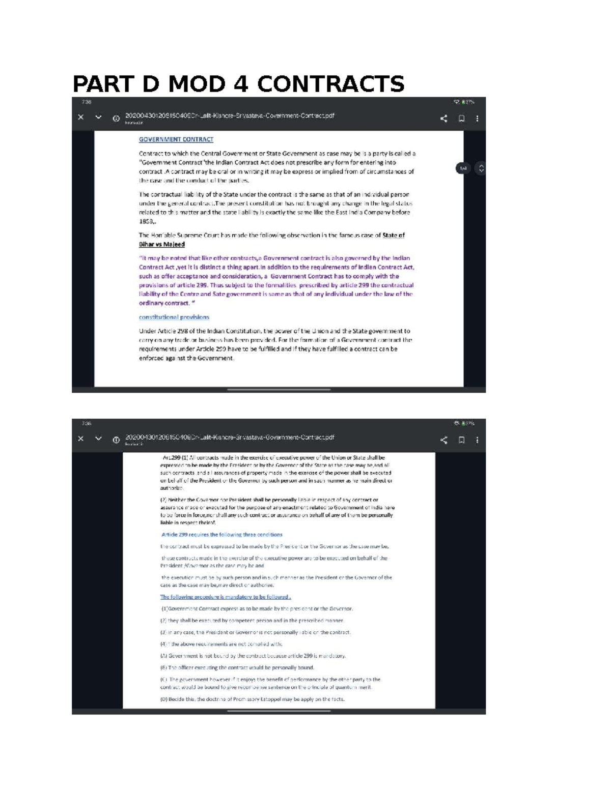 PART D MOD 4 CONTRACTS: Government Contracts Under Indian Law - Studocu
