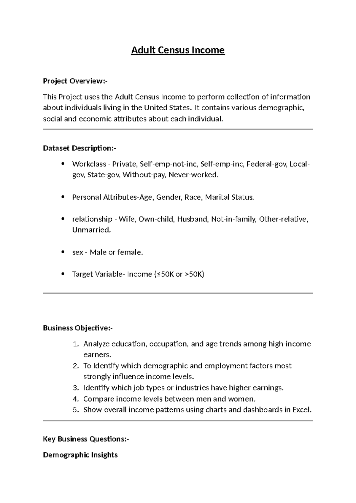 Adult Census Income Project Overview: Key Insights and Analysis - Studocu