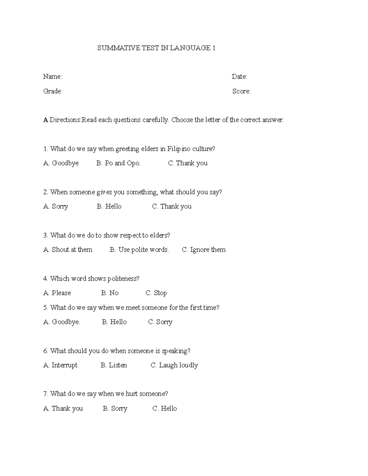 SUMMATIVE TEST IN LANGUAGE 1: Politeness & Respect - Studocu