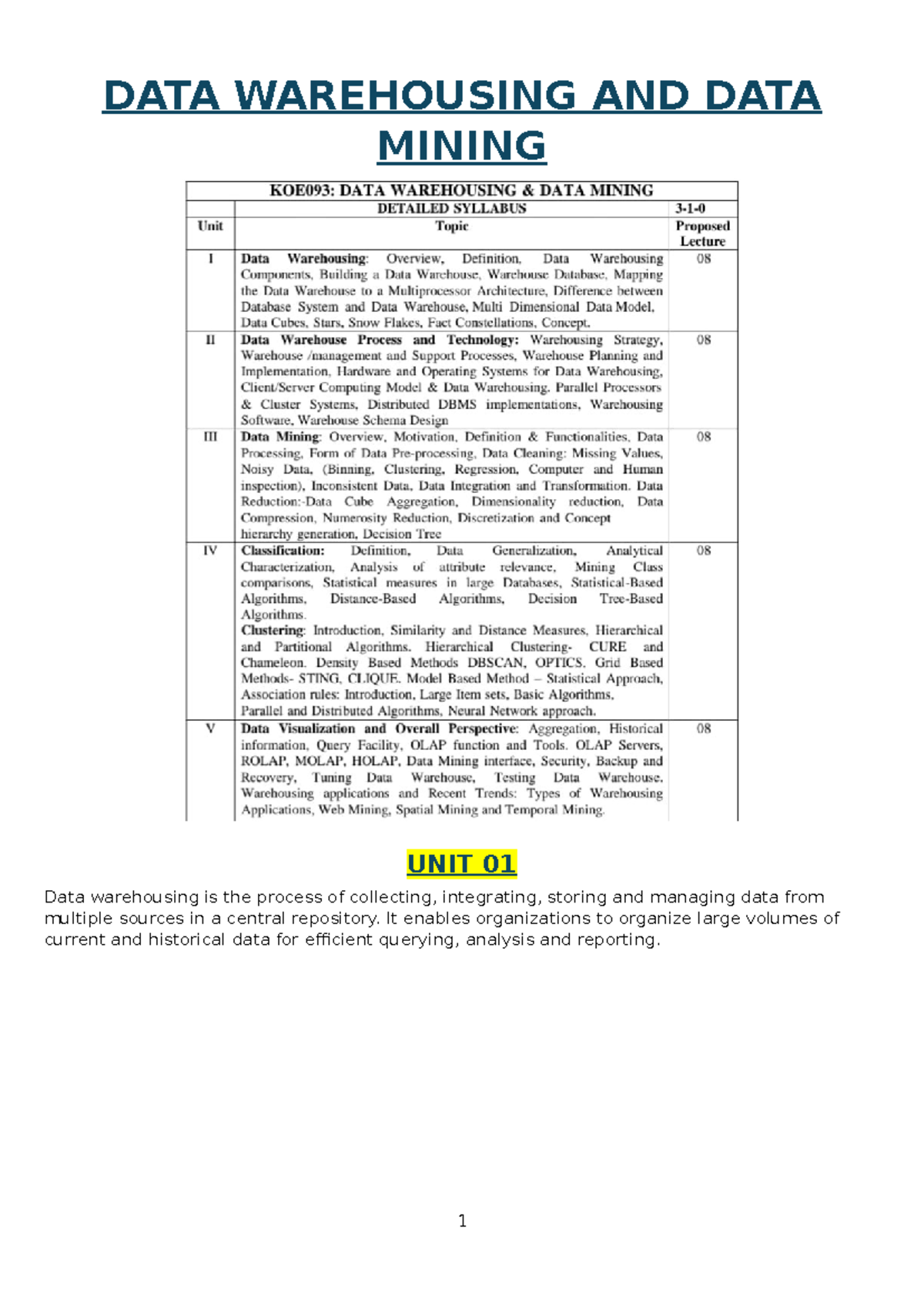 DATA WAREHOUSING AND DATA MINING UNIT 01: Key Concepts and Models - Studocu