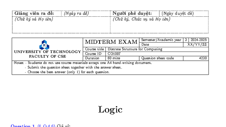 CO1007 Discrete Structure for Computing MIDTERM EXAM Question Sheet ...