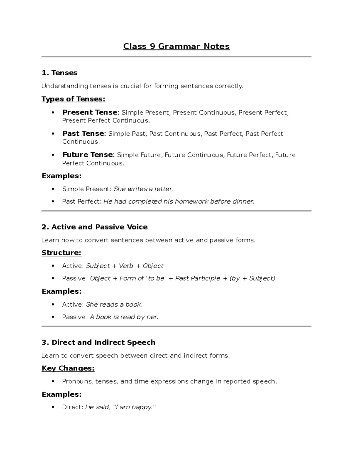 Class 9 Grammar Notes - Class 9 Grammar Notes 1. Tenses Understanding ...