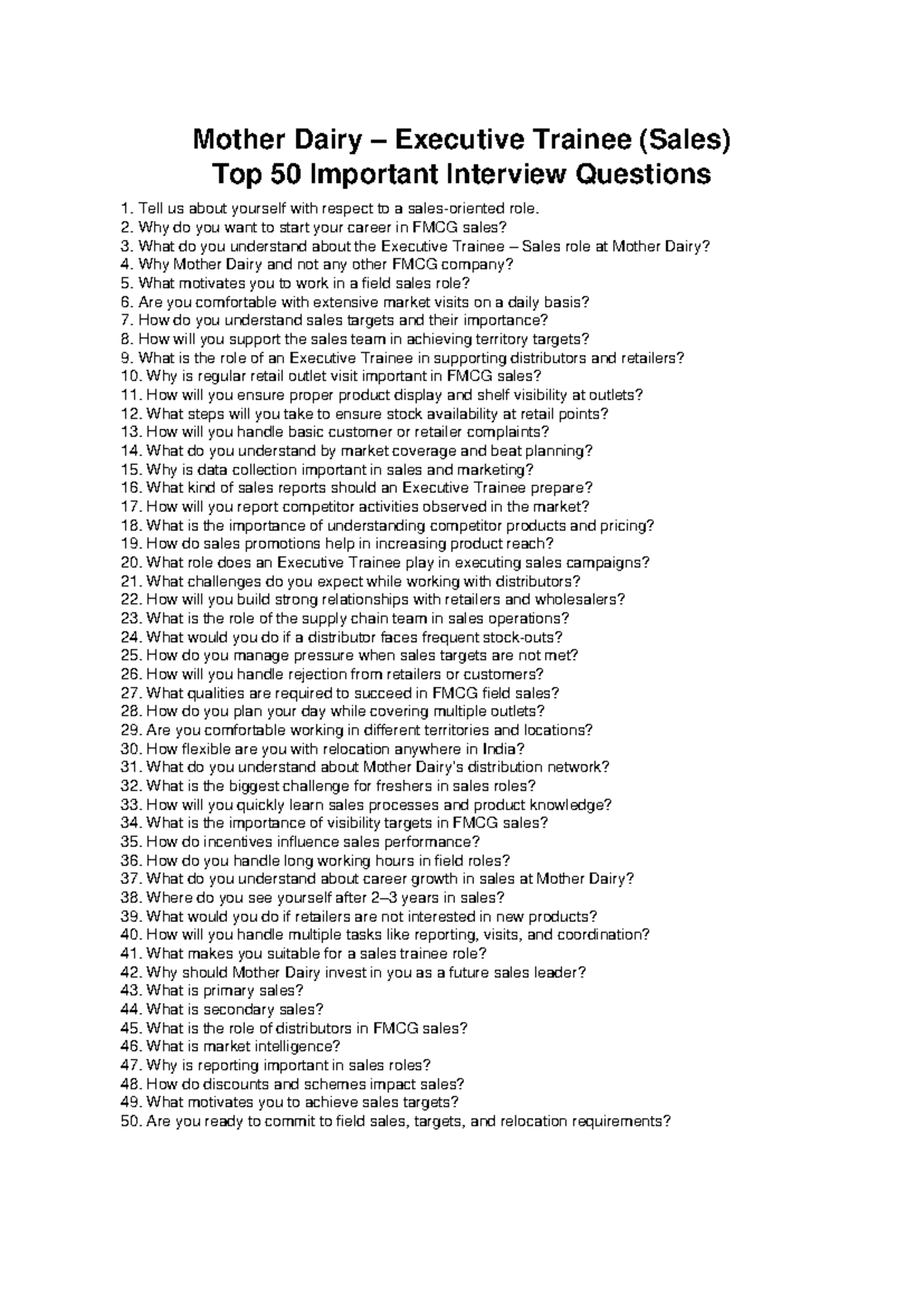 Mother Dairy Executive Trainee (Sales) Top 50 Interview Questions - Studocu