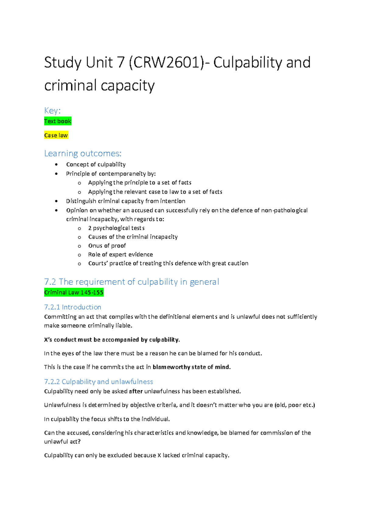 CRW2601 Study Unit 7: Understanding Culpability & Criminal Capacity ...