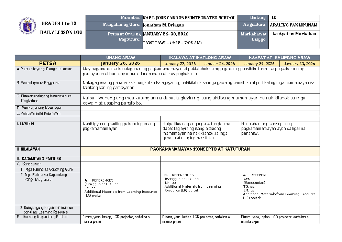 Daily Lesson Log (DLL) for Araling Panlipunan AP Q4W1 (Jan 26-30, 2026 ...