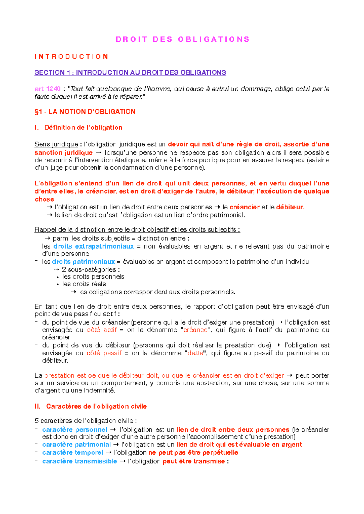 Droit des Obligations - Introduction et Notions Fondamentales - Studocu