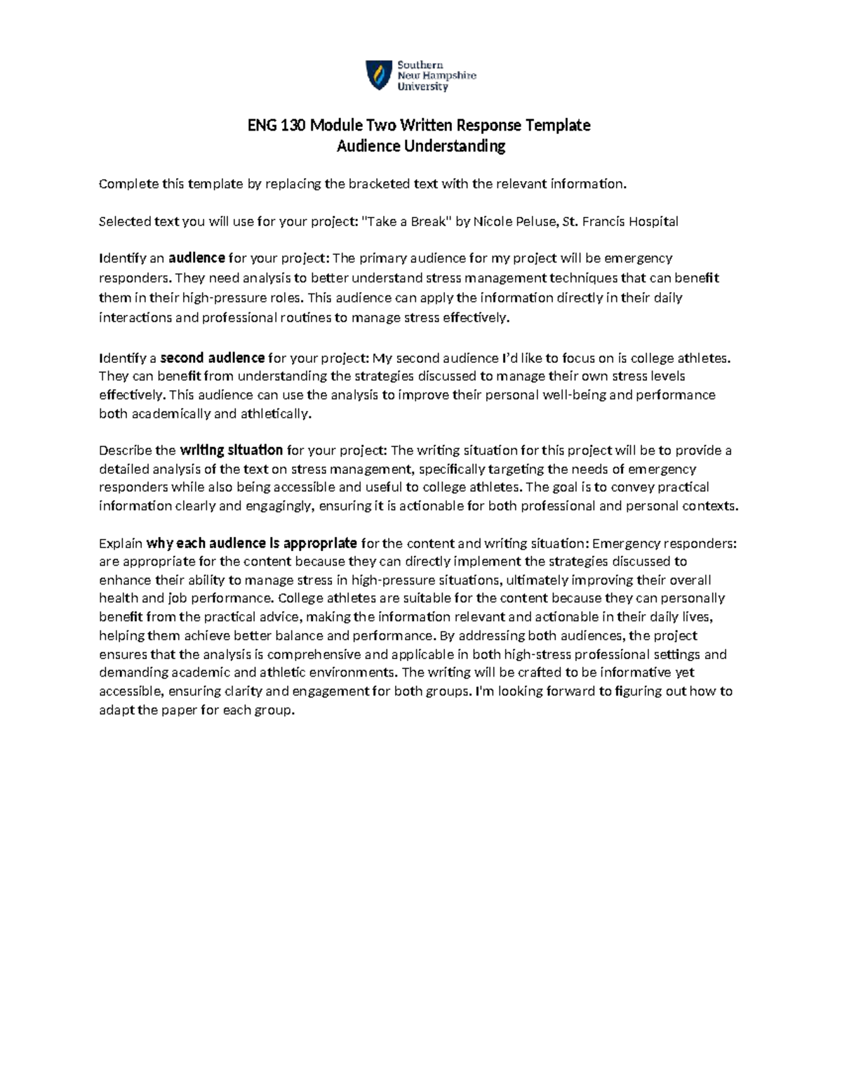 ENG 130 Module Two Written Response: Audience Analysis Template - Studocu