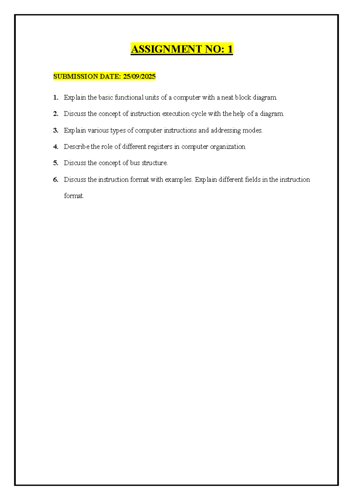 Assignmnet of COA Unit-1 - ASSIGNMENT NO: 1 SUBMISSION DATE: 2 5 /09 ...