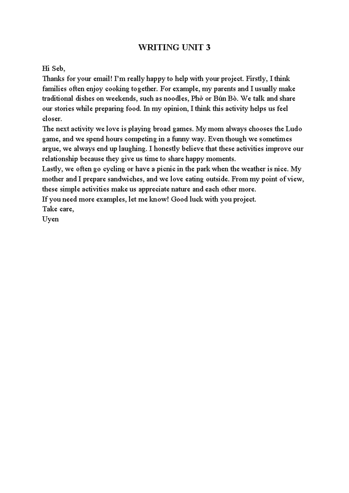 Writing Unit 3: Family Activities and Bonding Experiences - Studocu
