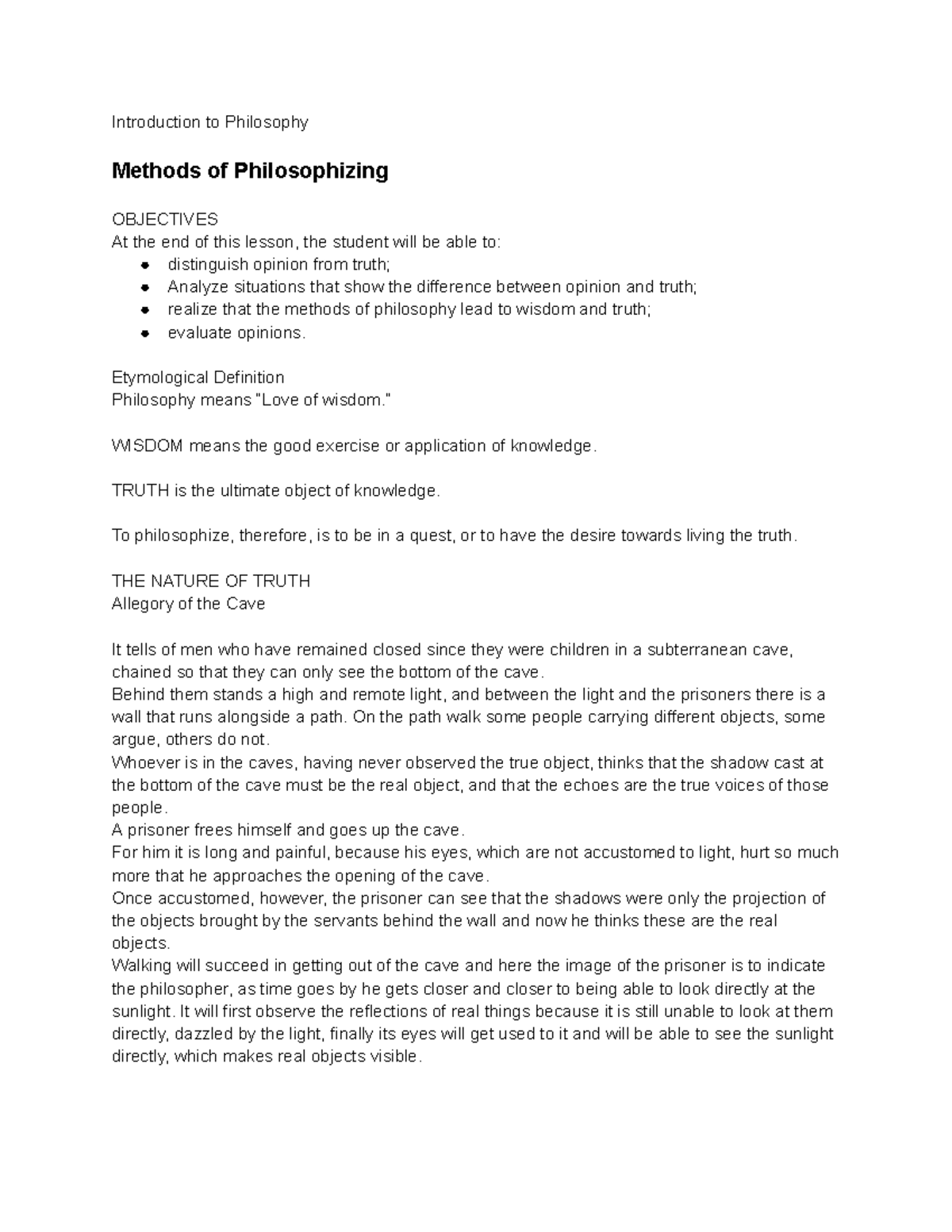 Philosophy 101: Methods of Philosophizing and Truth Evaluation - Studocu