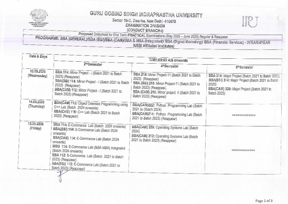 Proposed Datesheet for End Term Exams (May-June 2026) - GGSIPU - Studocu