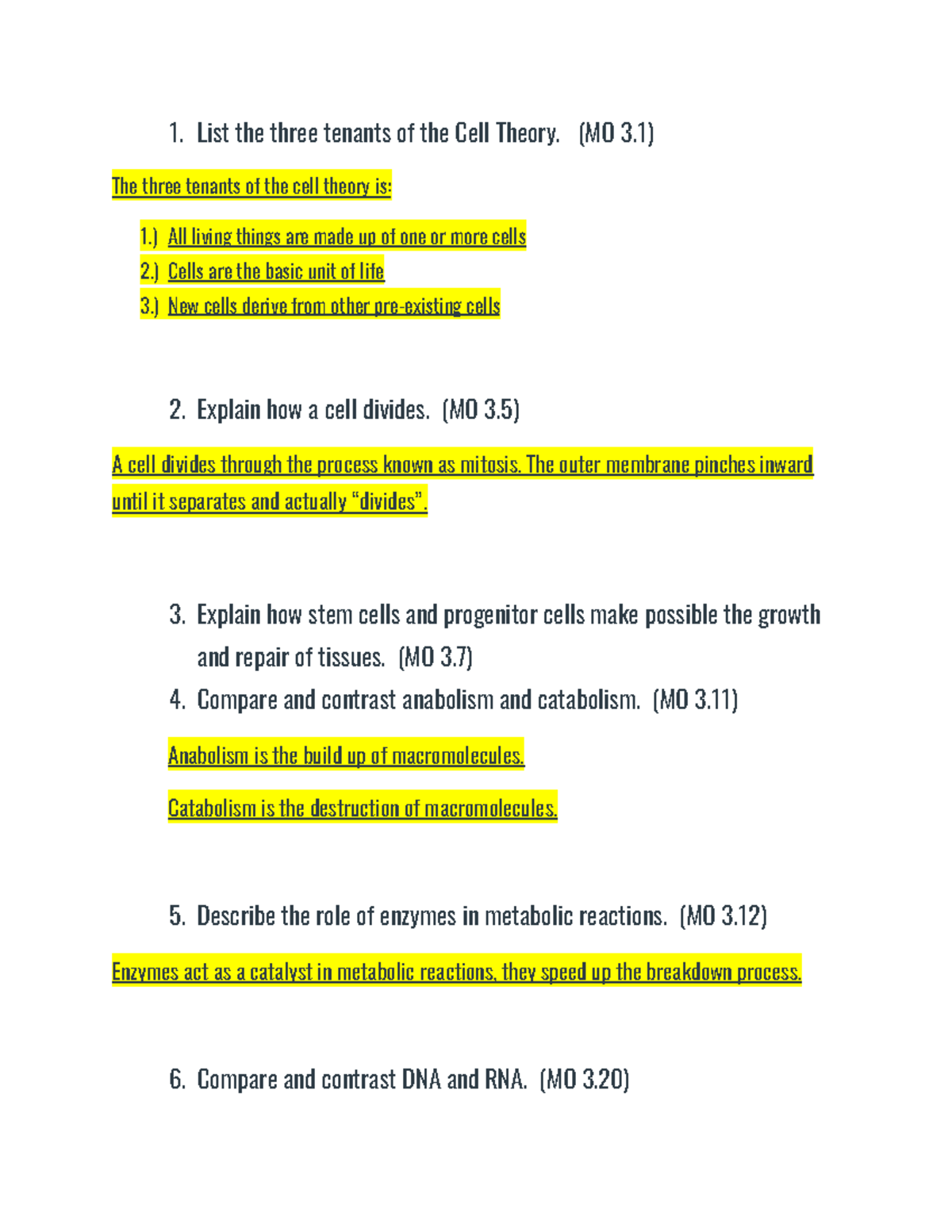 Chapter 3 Assessment - List the three tenants of the Cell Theory. (MO 3 ...