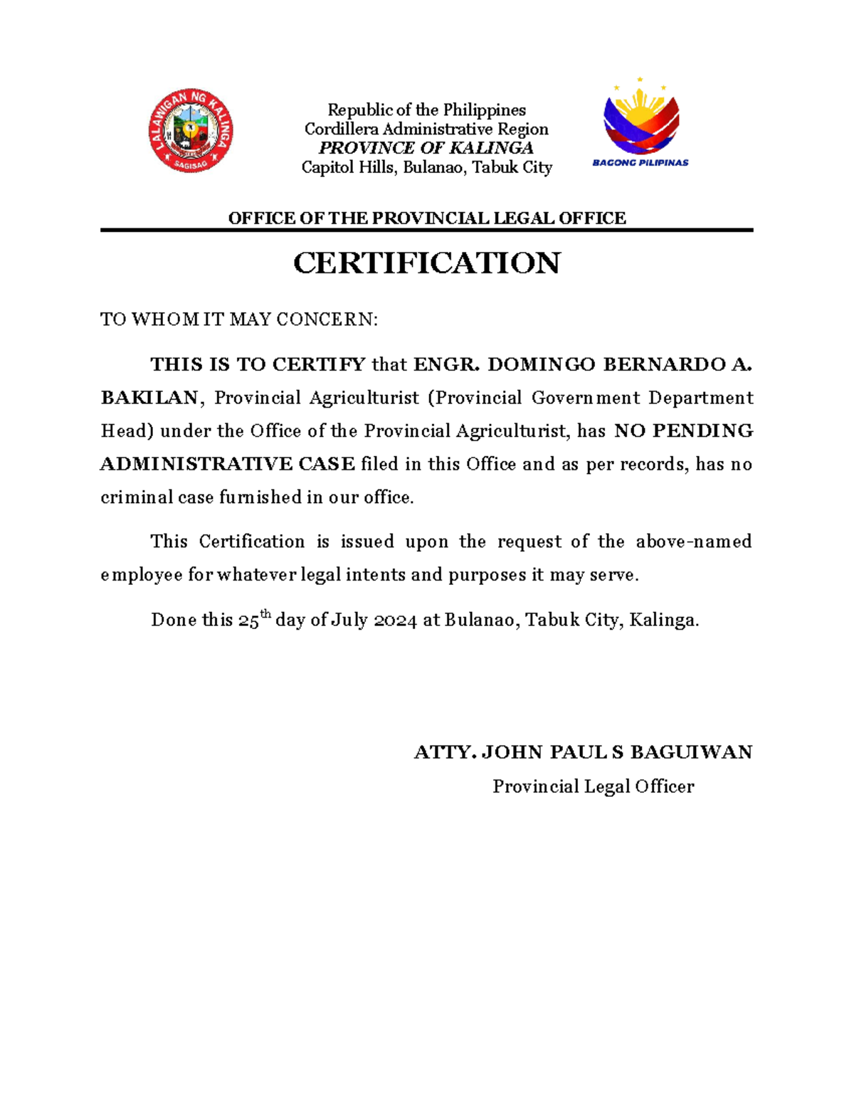 Certificate of No Pending Administrative Case for Engr. BAKILAN - Studocu