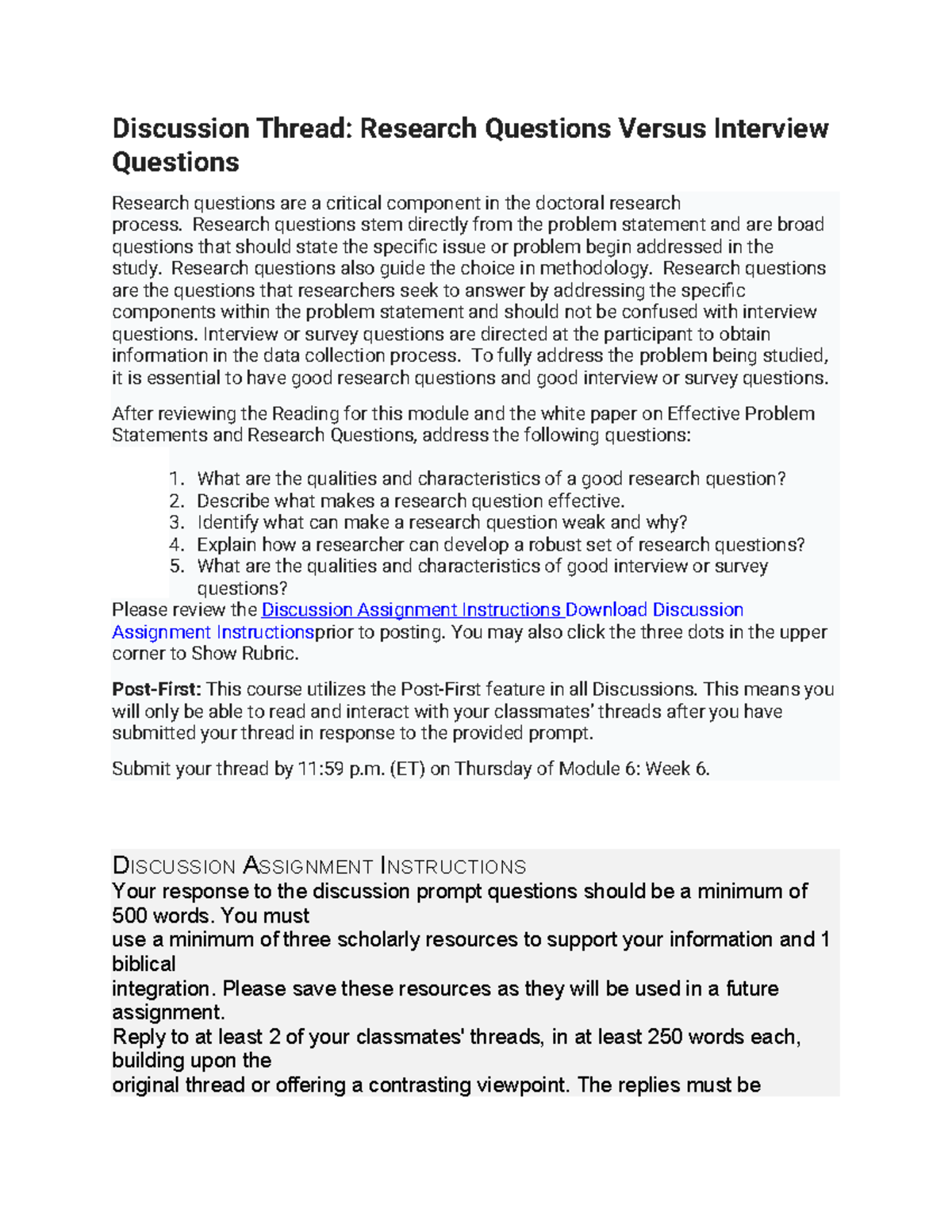 Discussion Thread: Research Questions vs. Interview Questions (Module 6 ...