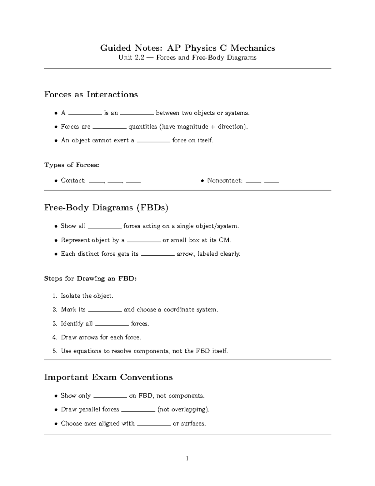 Guided Notes: AP Physics C Mechanics (Unit 2.2 - Forces & FBDs) - Studocu
