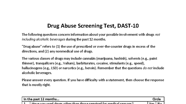 Drug Abuse Screening Test (DAST) - Questionnaire & Guidelines - Studocu