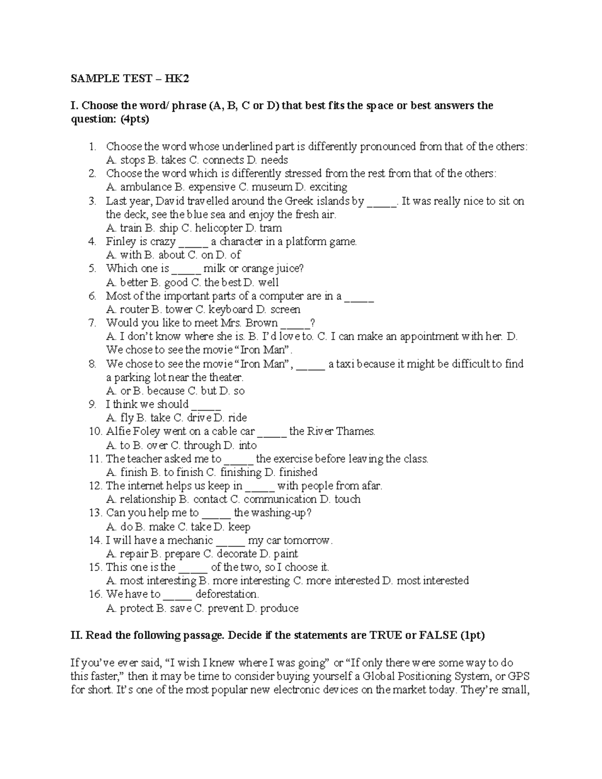 SAMPLE TEST - HK - Right on 7 - Đề 01 Exam Questions and Answers - Studocu