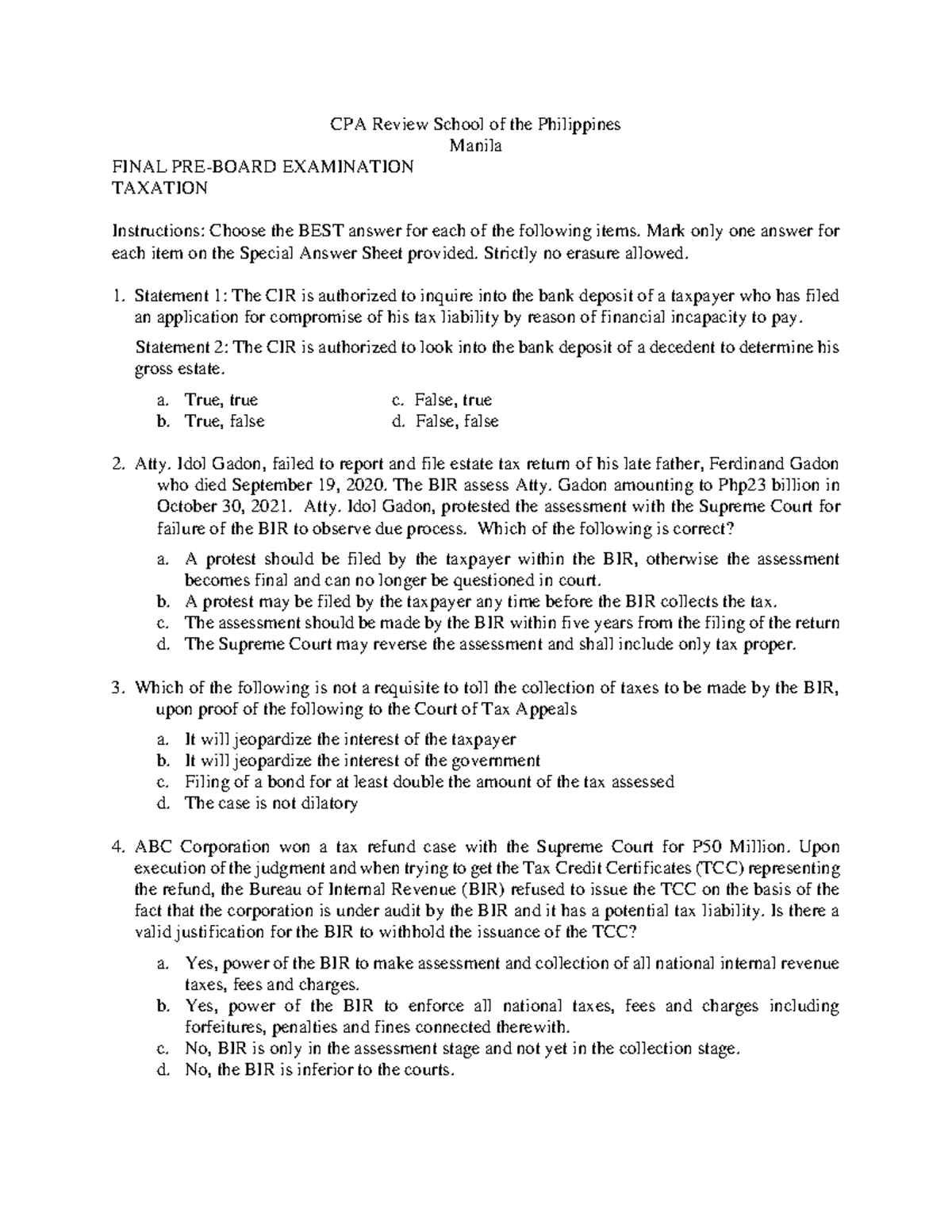 Taxation CPA Review School of the Philippines Manila FINAL EXAMINATION ...