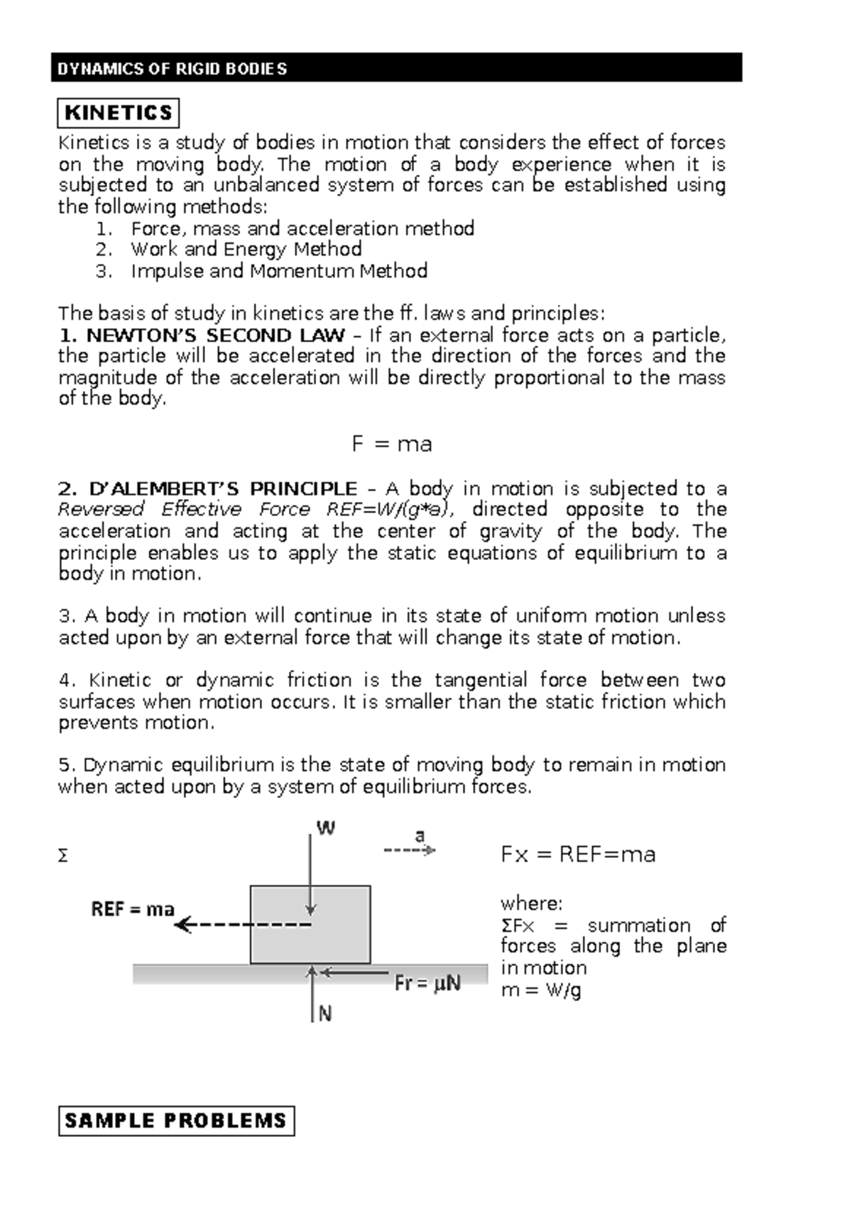 Dynamics of Rigid Bodies: Kinetics and Sample Problems - Studocu