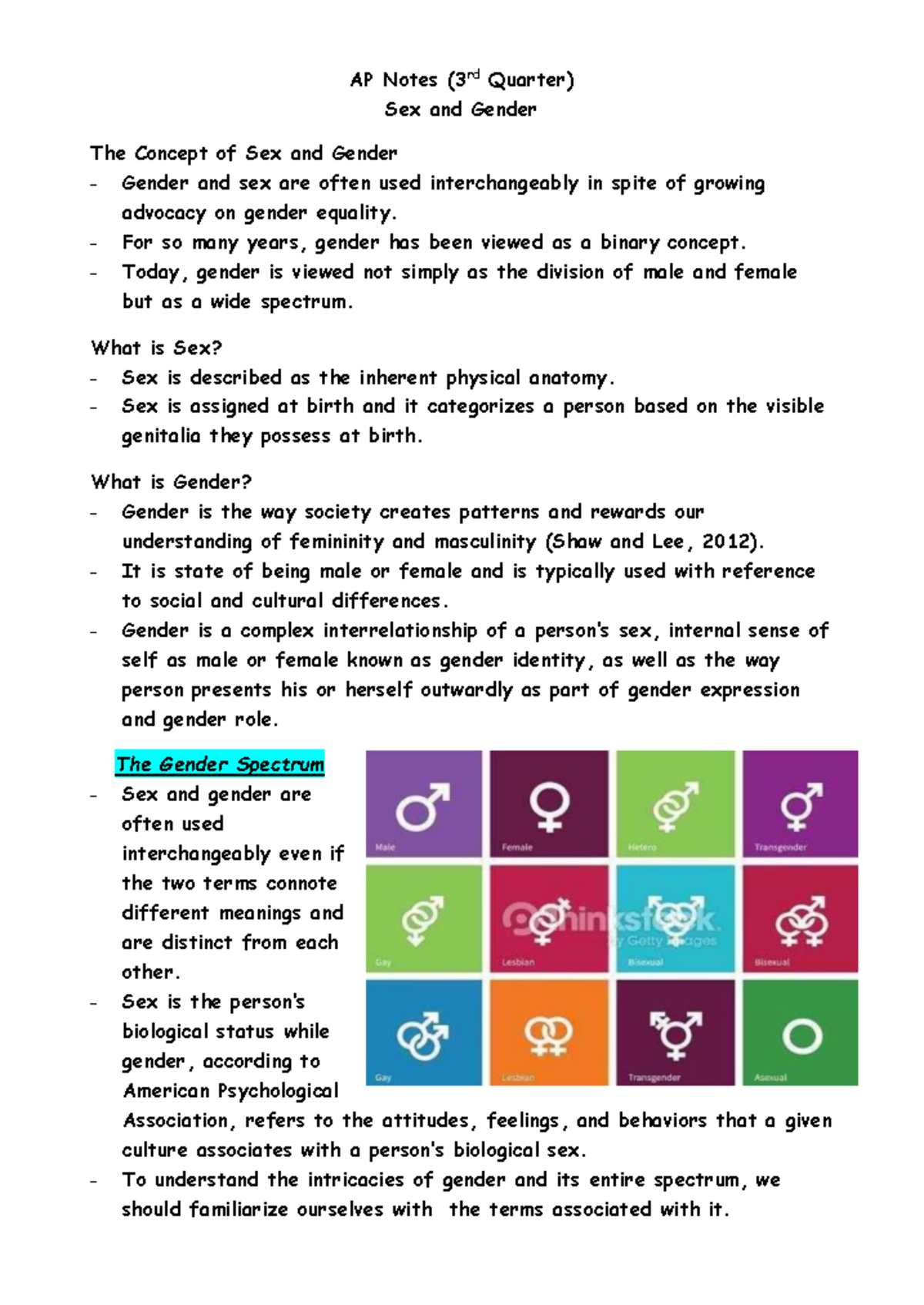 AP Notes (3rd Quarter) on Sex and Gender Concepts and Stereotypes - Studocu