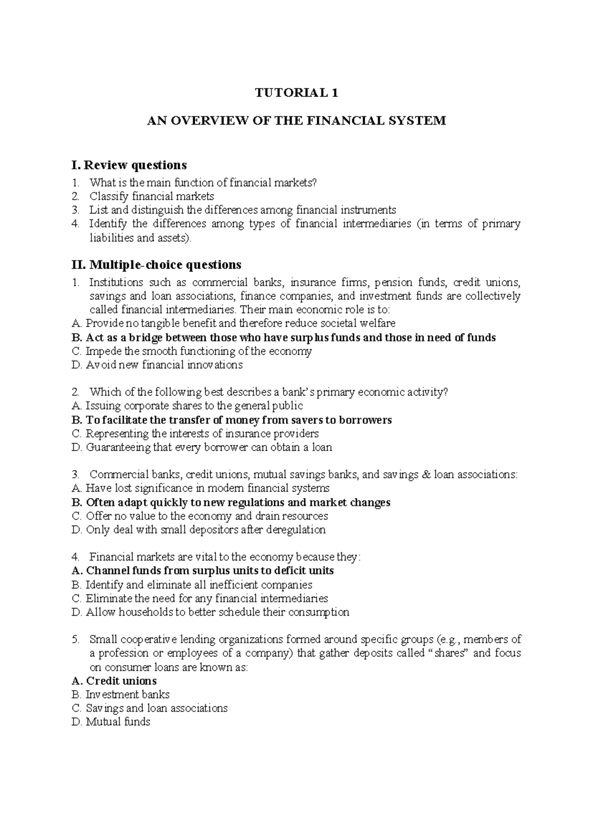 2025 FIN 101 Tutorial 1: Overview of the Financial System Questions ...